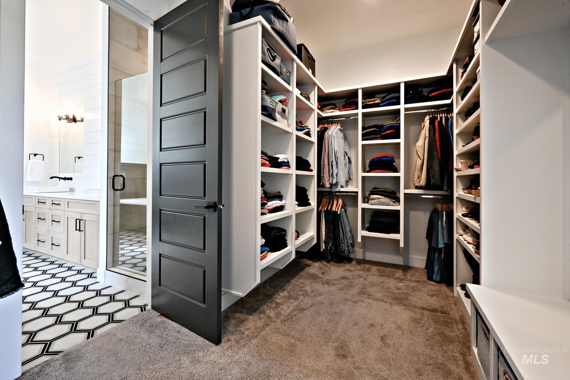 Spacious closet with dark carpet