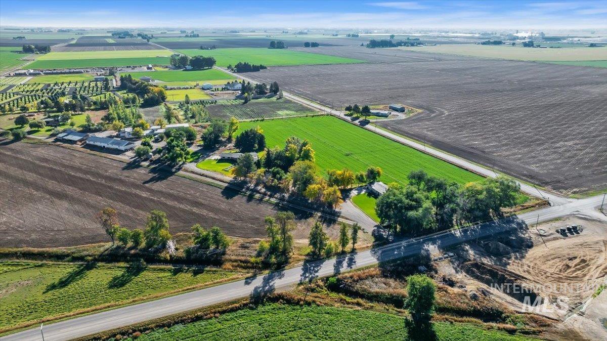 Overview of rural landscape with rows of crops