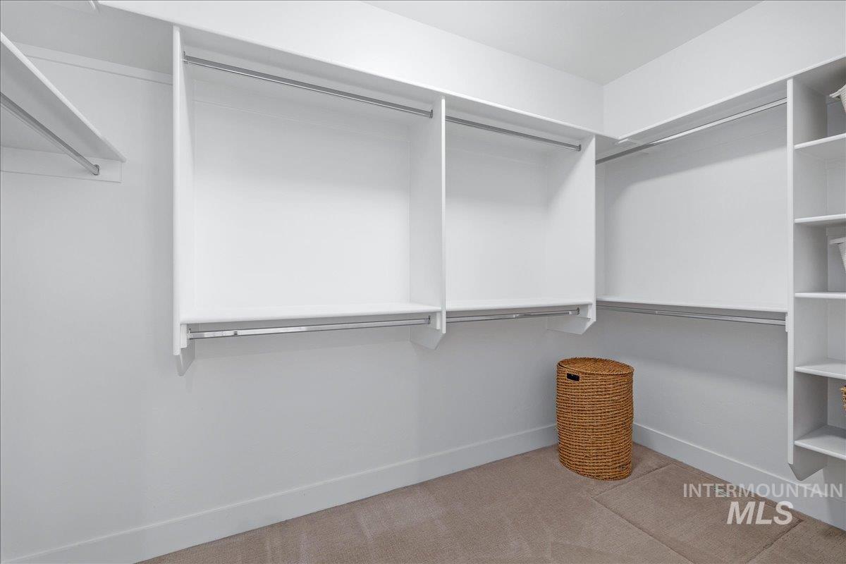Spacious closet with light carpet