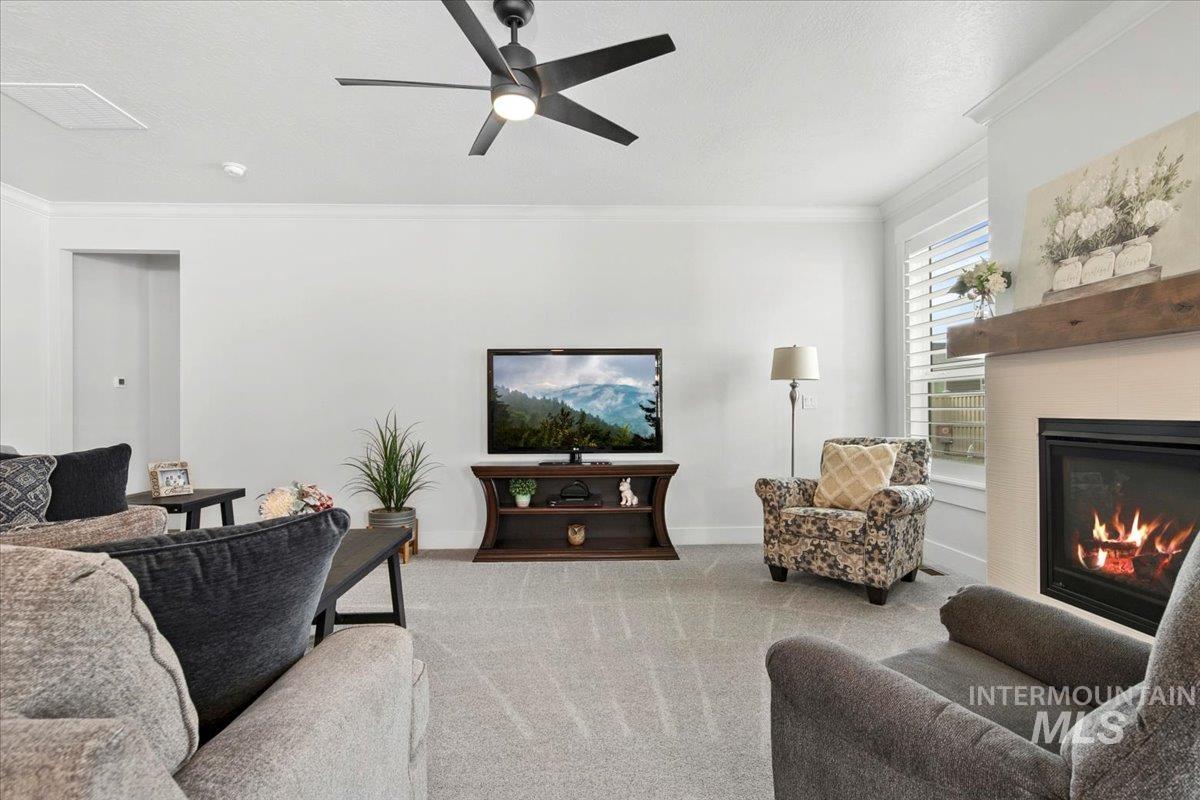 Carpeted living room with ornamental molding, a textured ceiling, a glass covered fireplace, and a ceiling fan