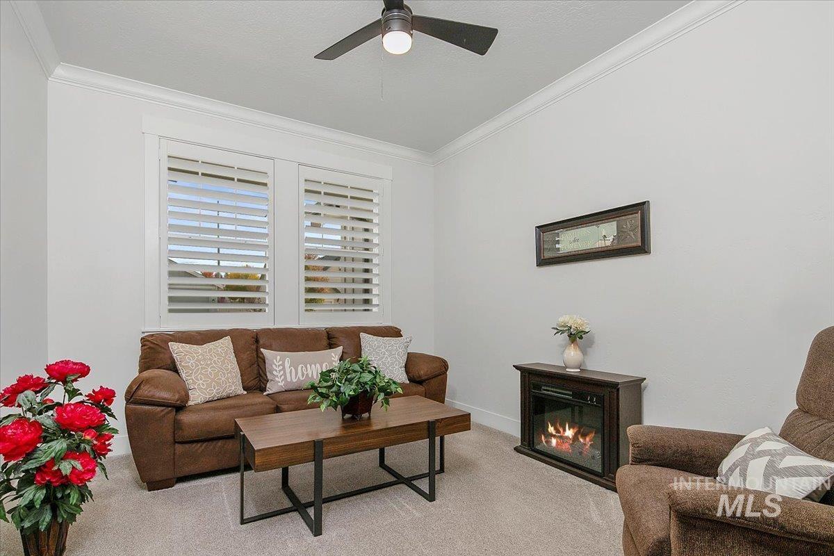 Carpeted living area featuring crown molding, a glass covered fireplace, and a ceiling fan