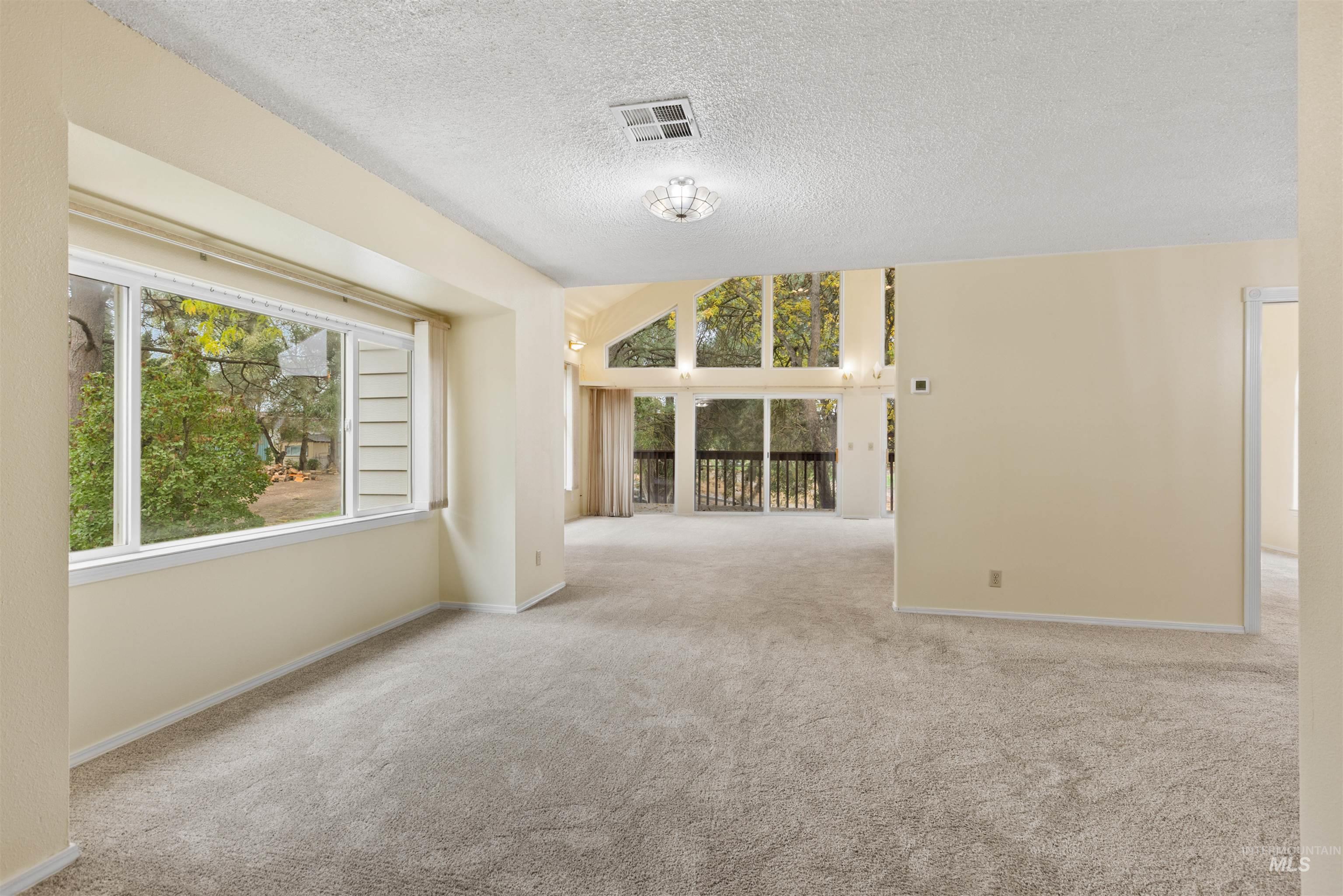 Spare room featuring light colored carpet and a textured ceiling