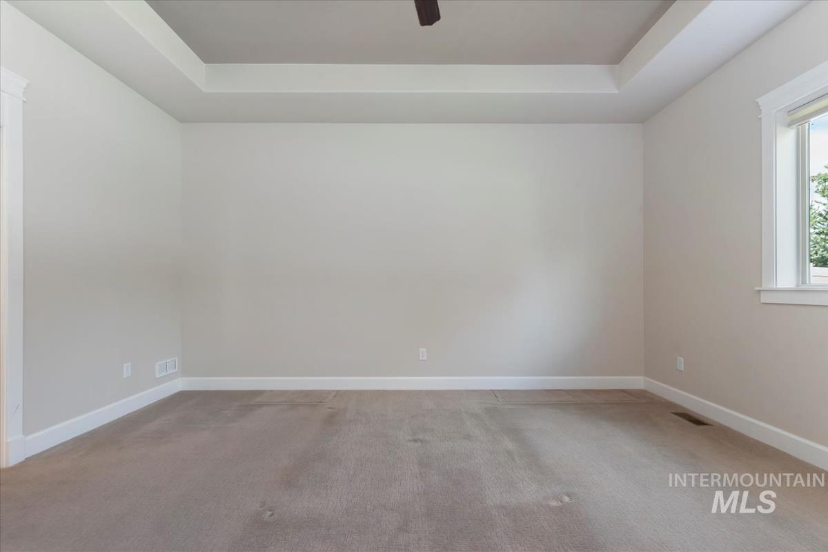 Spare room featuring a tray ceiling, light carpet, and ceiling fan