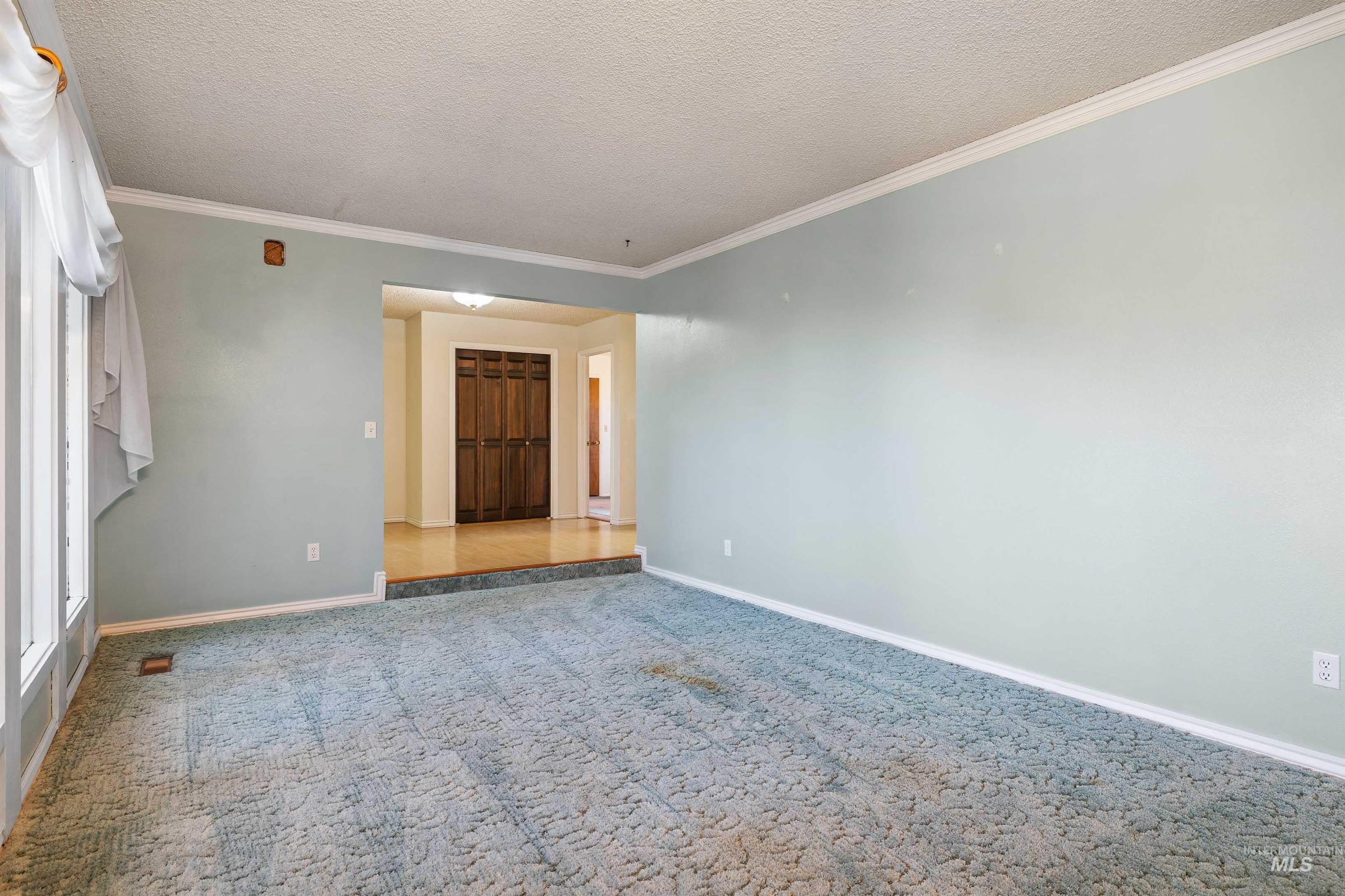 Unfurnished room with crown molding, carpet flooring, and a textured ceiling