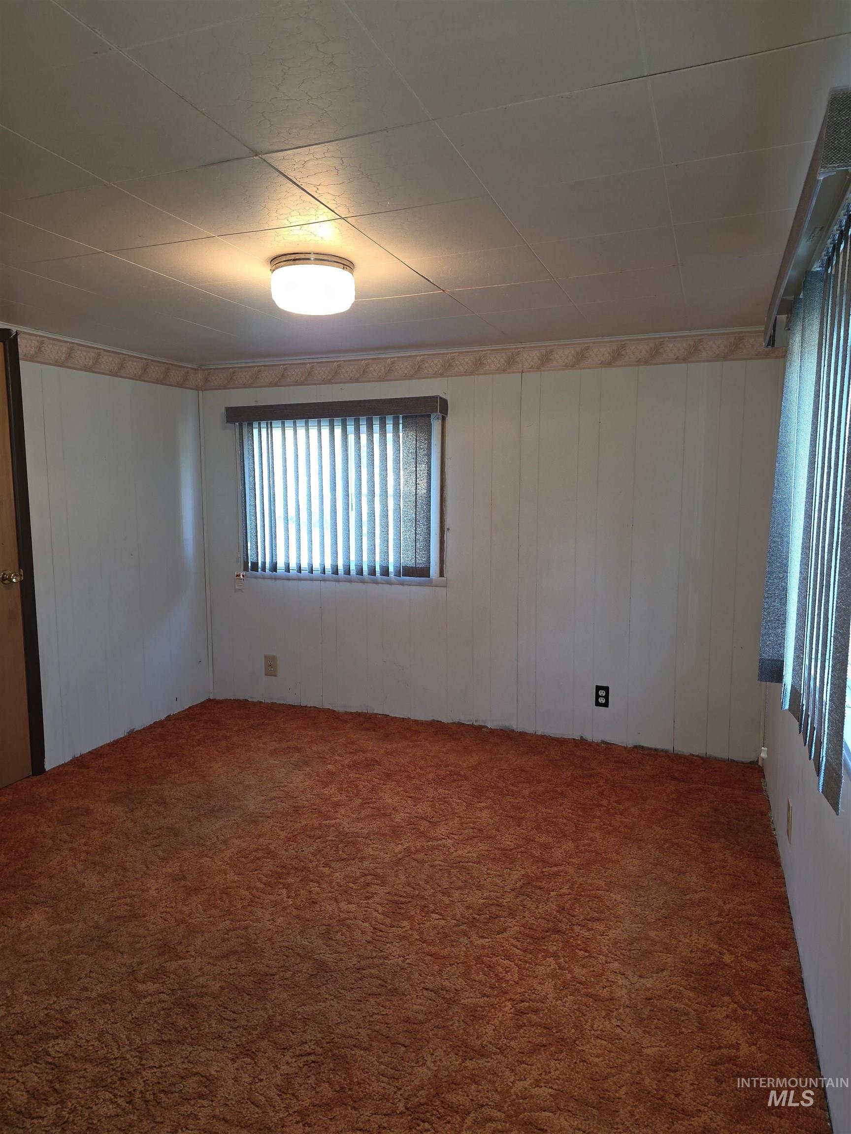 Spare room featuring carpet floors and wooden walls