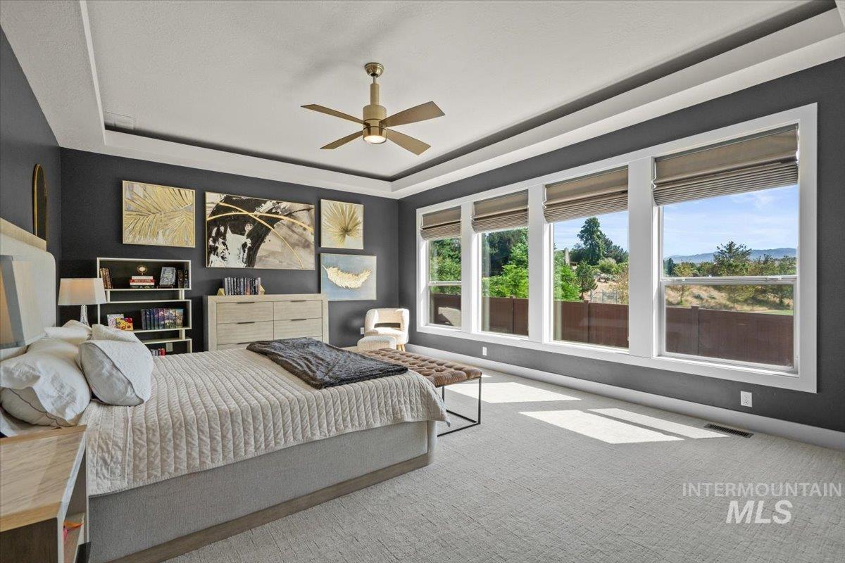 Bedroom with a raised ceiling, carpet flooring, and a ceiling fan