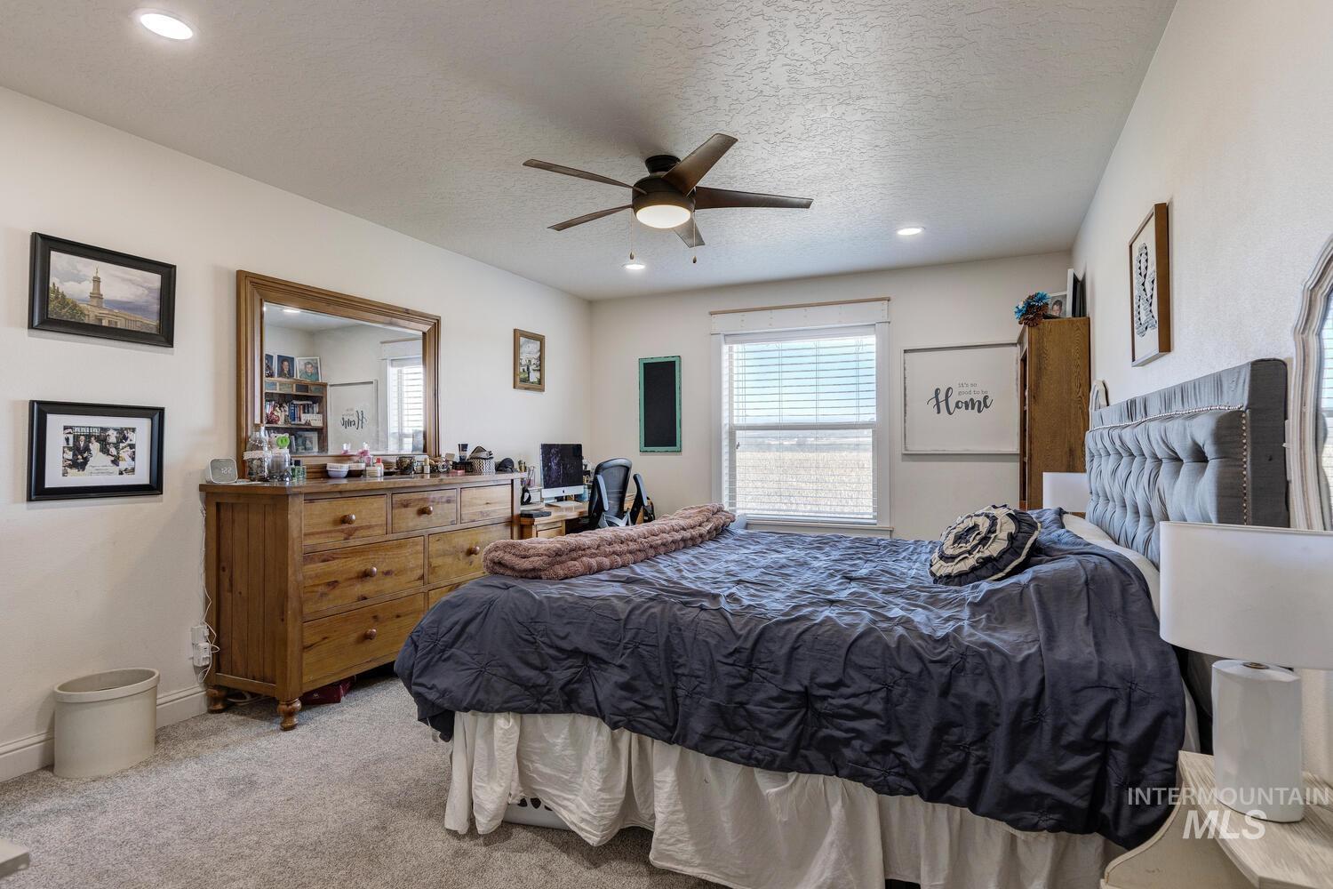 Carpeted bedroom with multiple windows, a textured ceiling, a ceiling fan, and recessed lighting