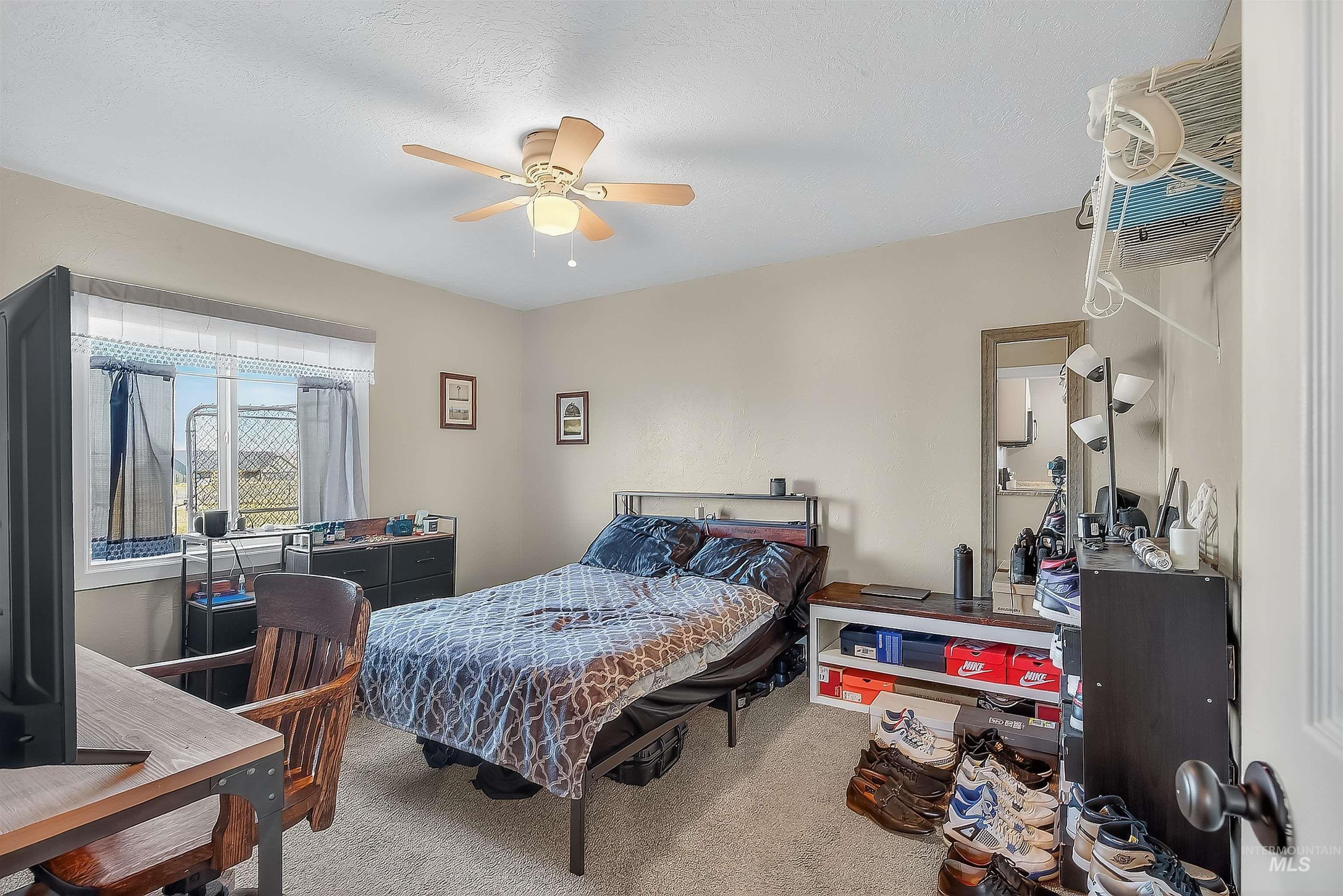 Carpeted bedroom featuring a ceiling fan