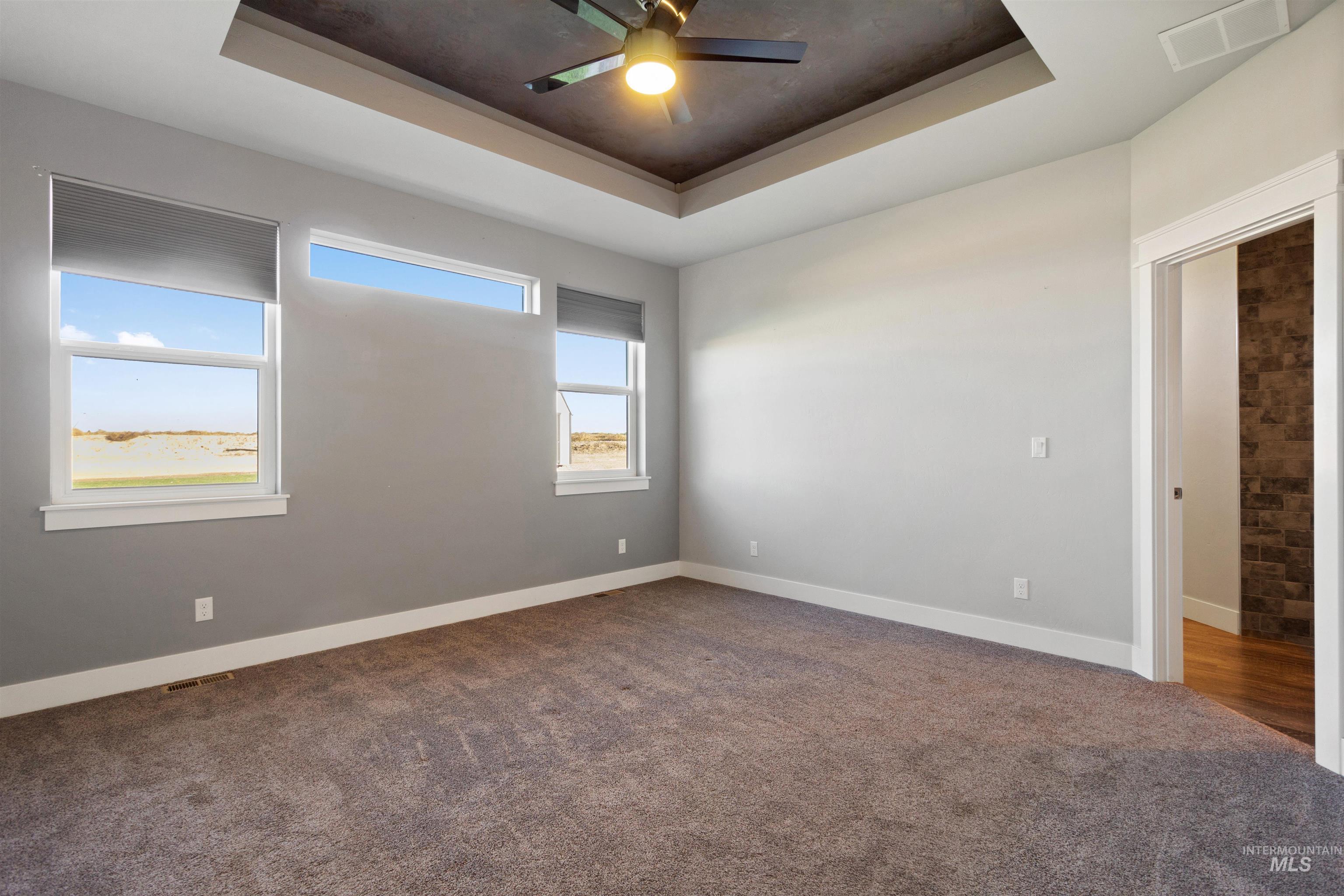 Carpeted empty room featuring a raised ceiling and a ceiling fan