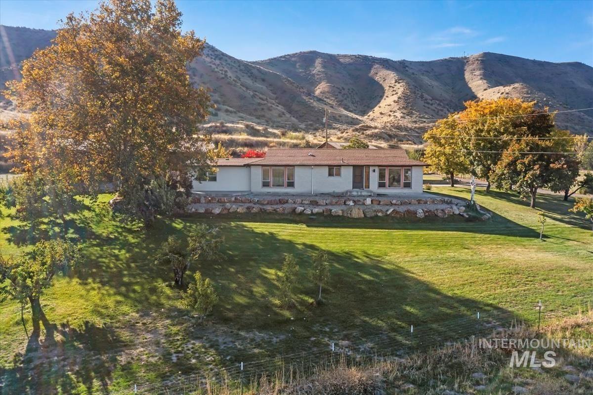 Rear view of property with a mountain view, a lawn, and a patio