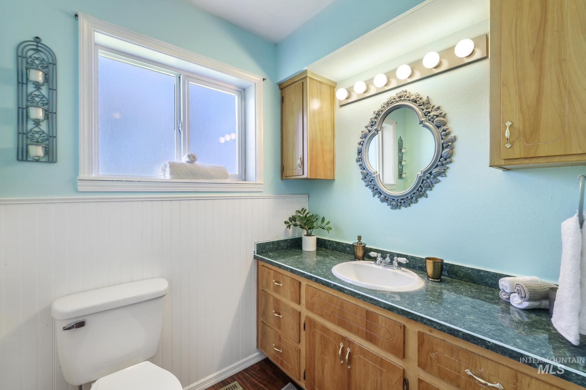 Bathroom featuring vanity, wainscoting, and dark wood-style floors
