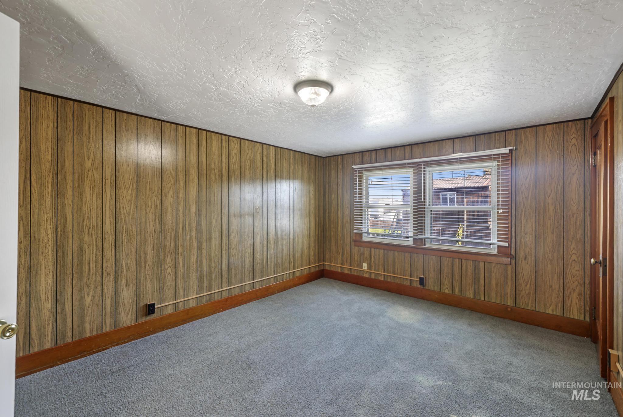 Carpeted empty room featuring wood walls and a textured ceiling