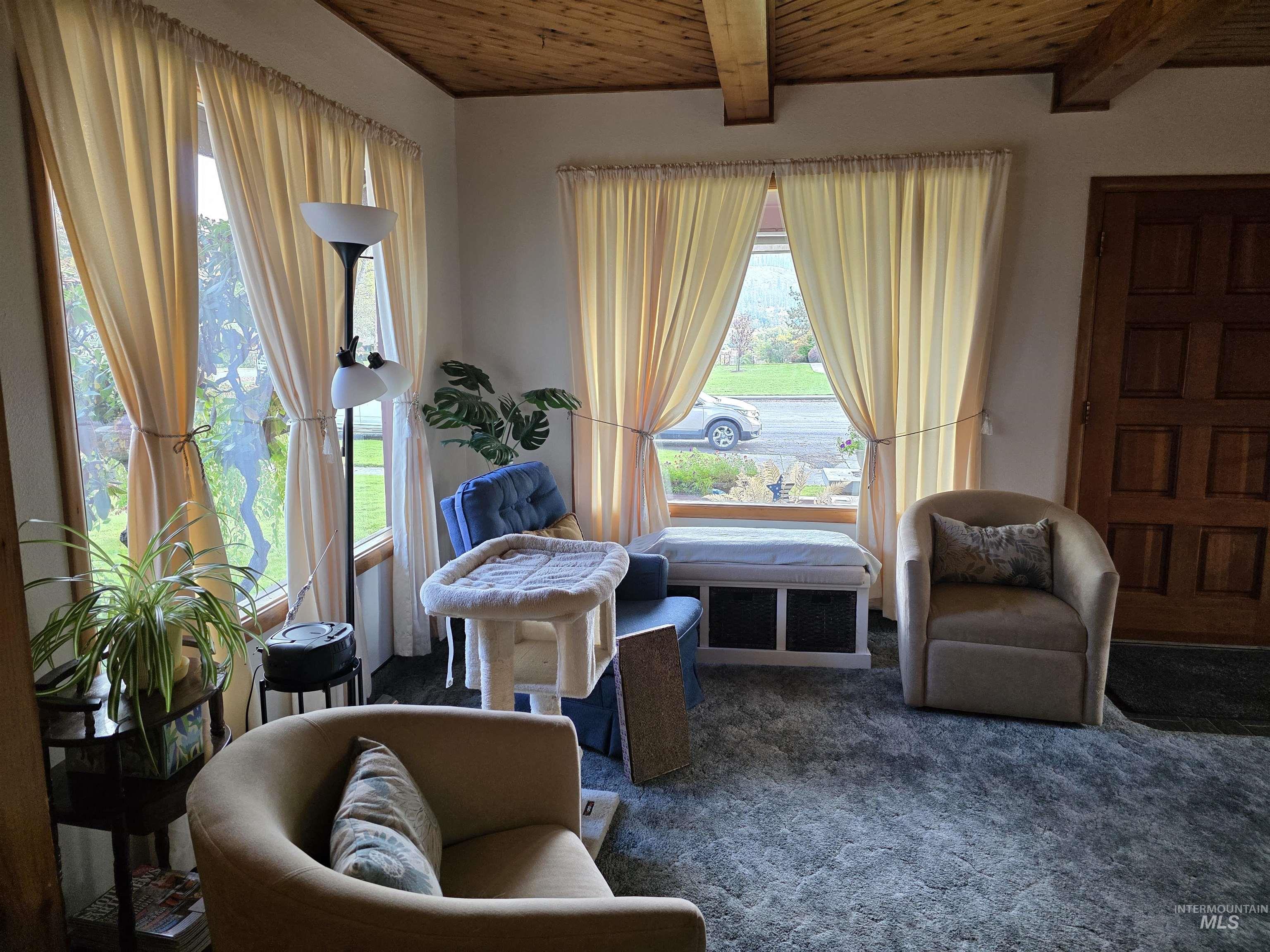 Living area featuring carpet flooring and a wooden ceiling with exposed beams