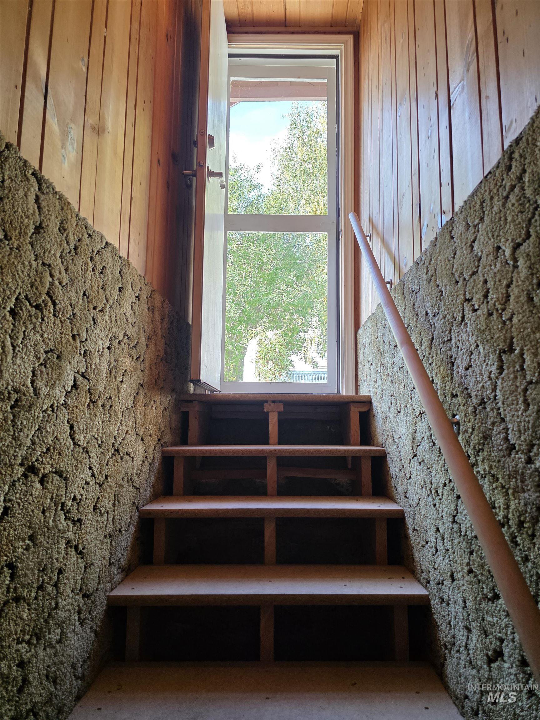 Stairs featuring wooden walls