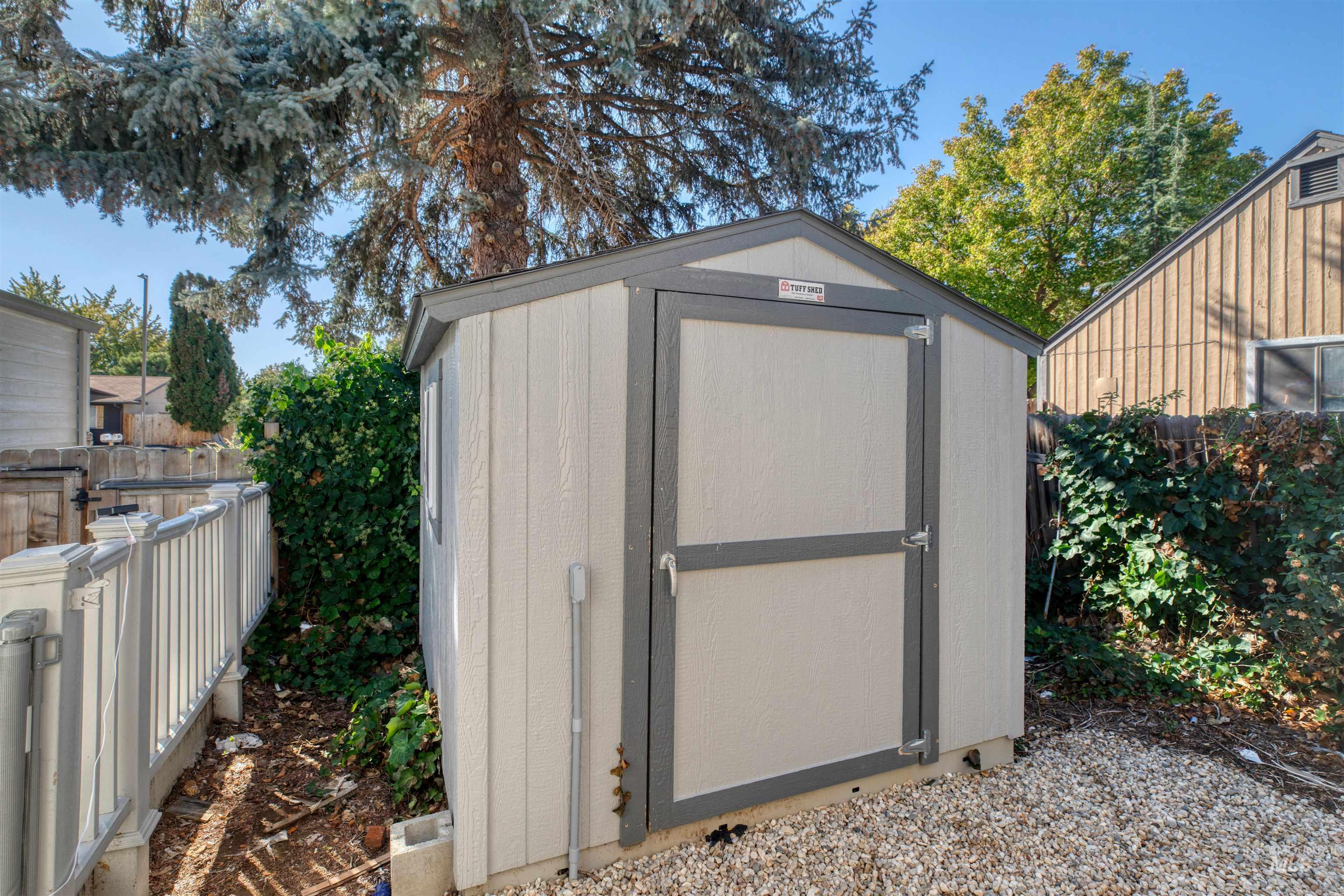 View of shed featuring a fenced backyard
