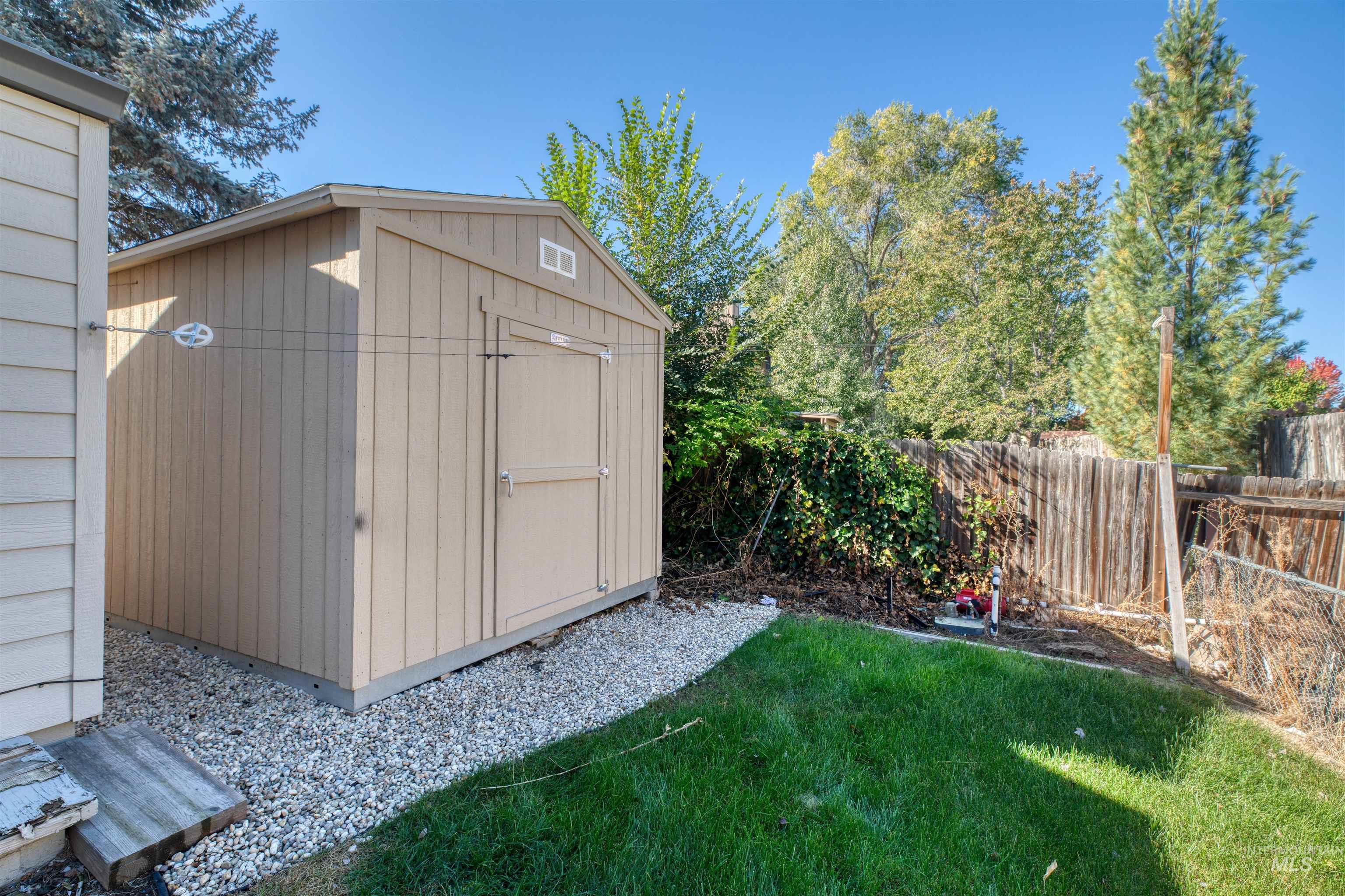 View of shed featuring a fenced backyard