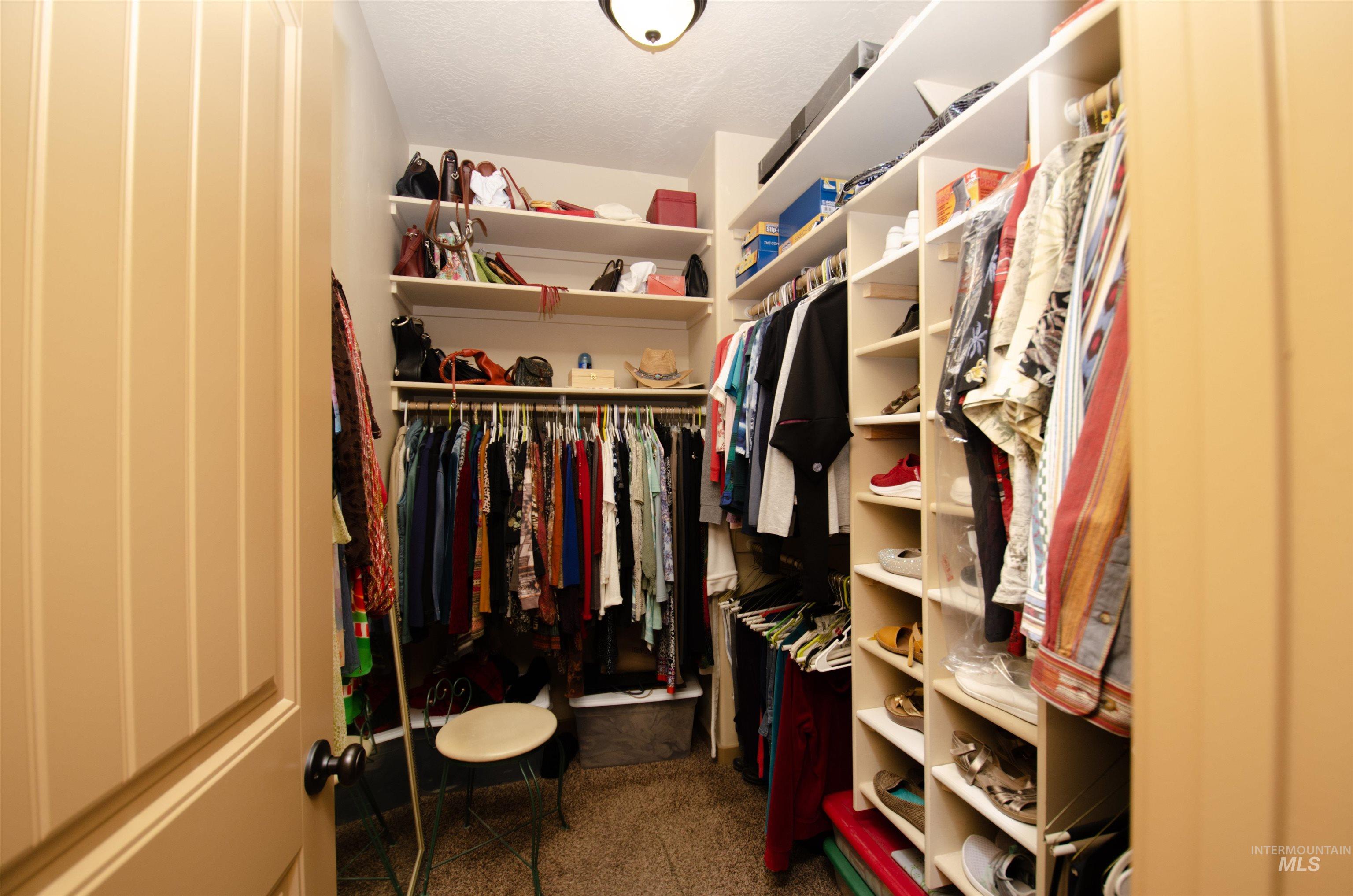 Walk in closet with dark carpet