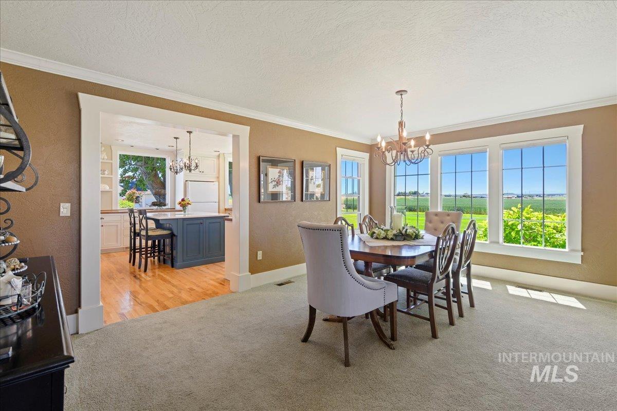 Dining space featuring a chandelier, a textured ceiling, ornamental molding, light colored carpet, and a textured wall