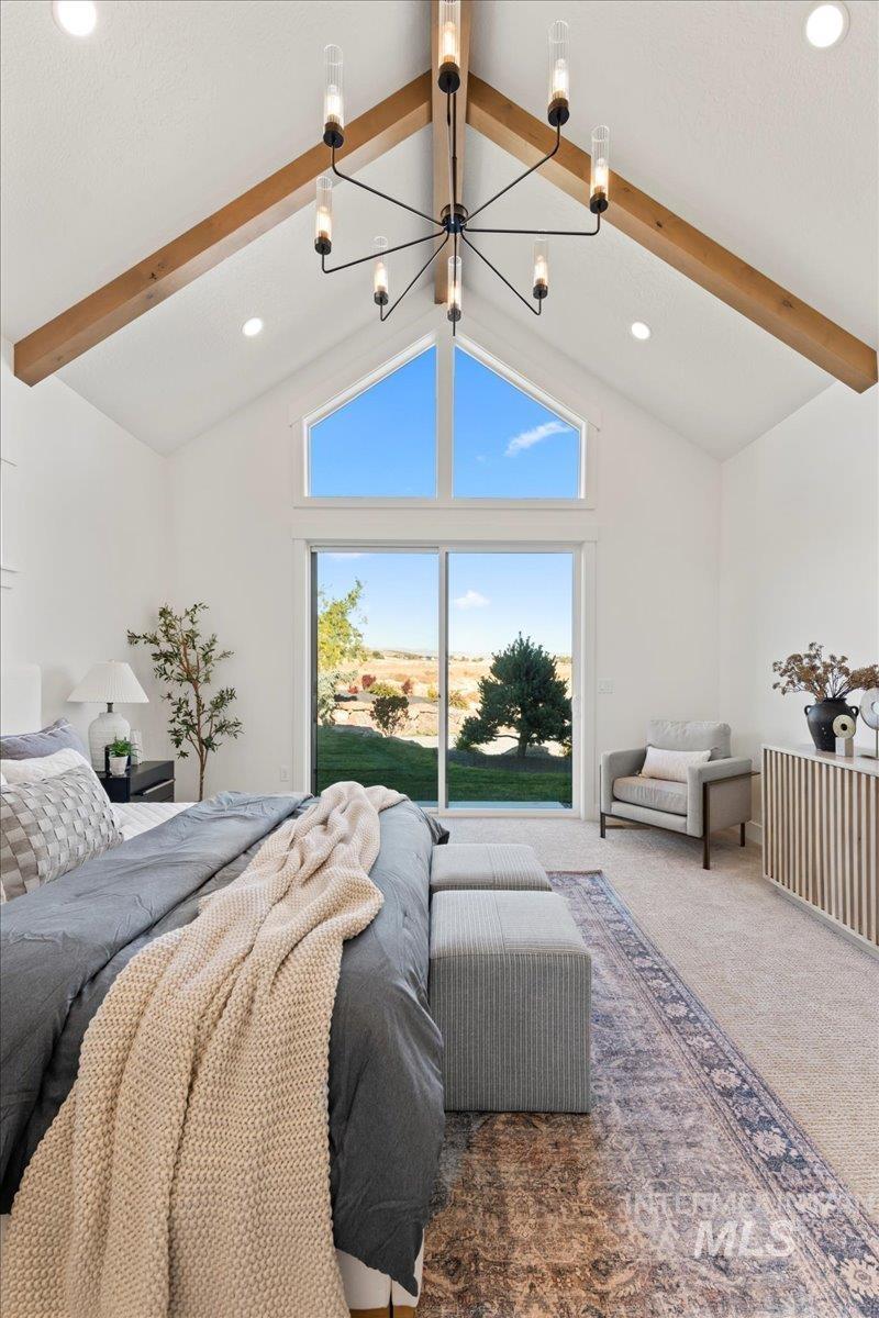 Bedroom with beamed ceiling, light carpet flooring, recessed lighting, high vaulted ceiling, and a chandelier