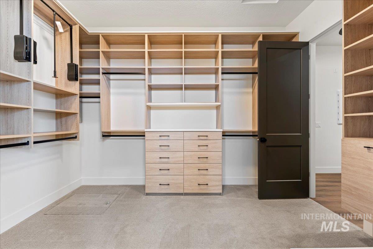Spacious closet with light carpet