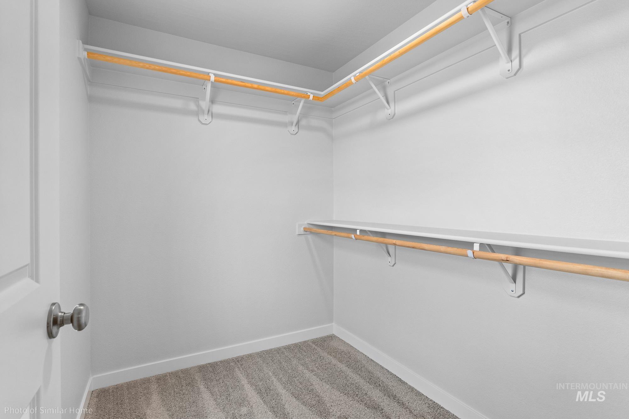 Walk in closet featuring light colored carpet