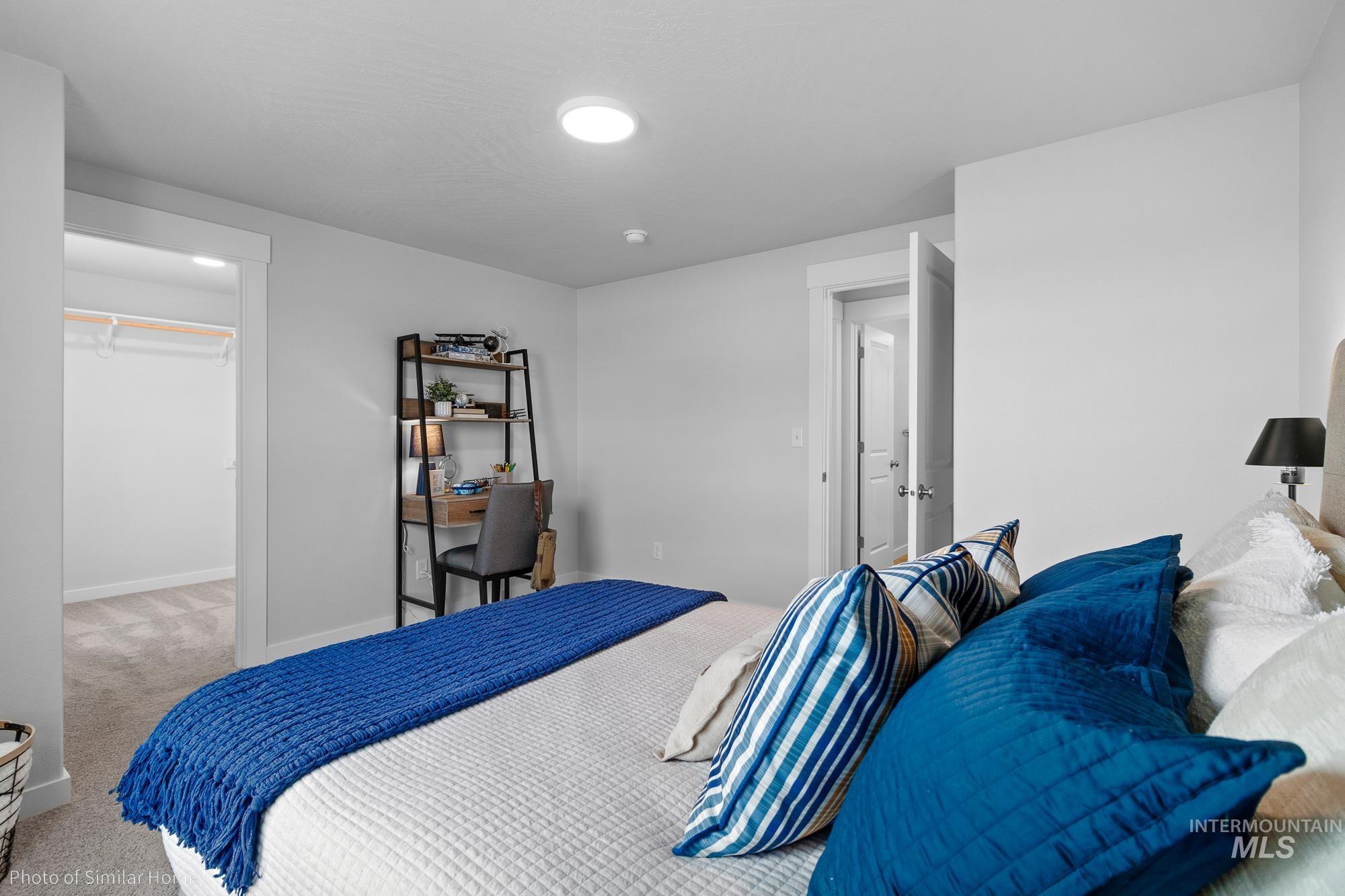 Carpeted bedroom with a spacious closet and baseboards
