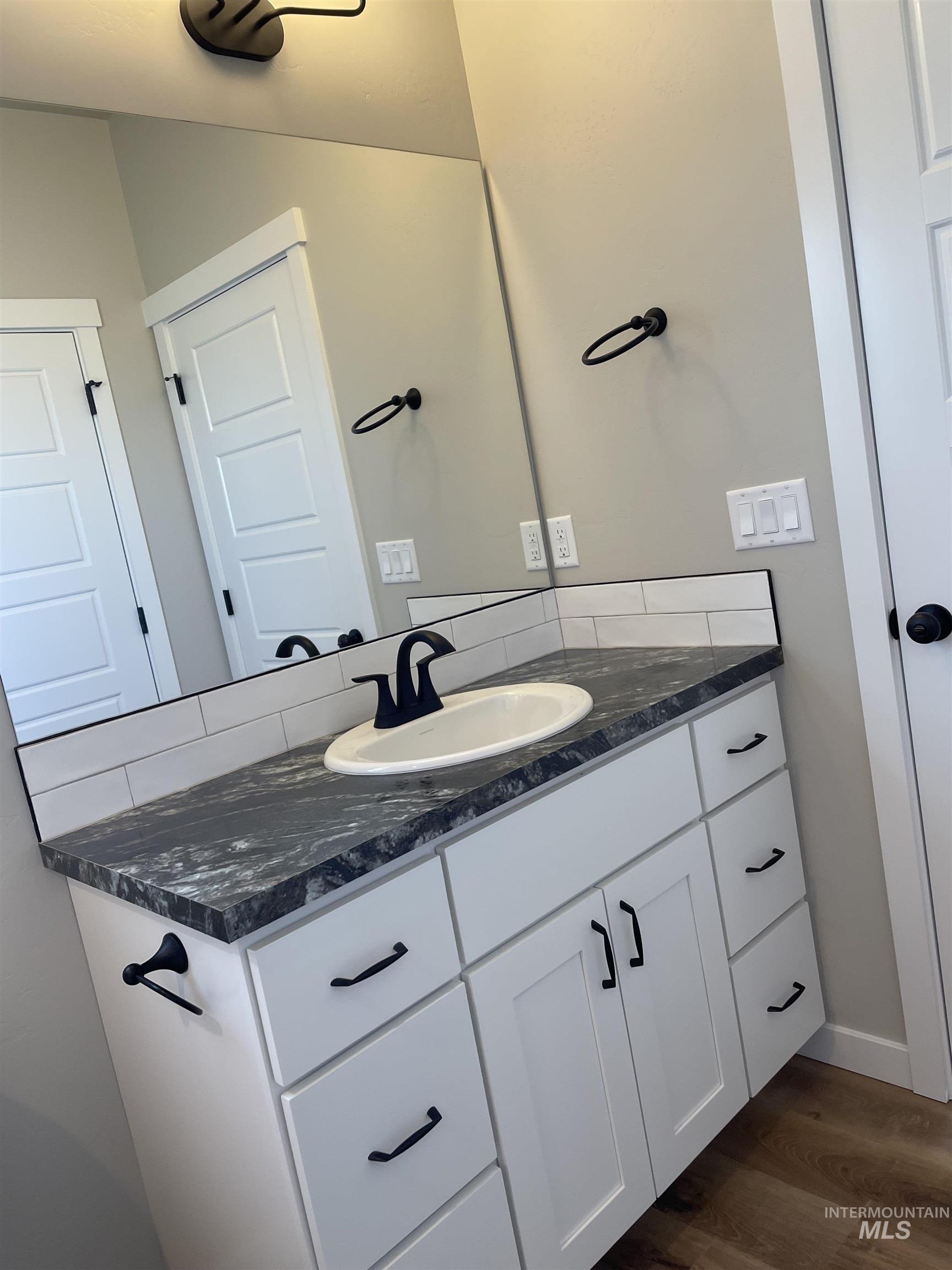 Bathroom featuring vanity and dark wood-style flooring