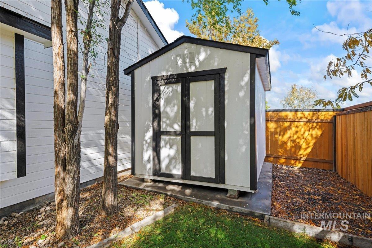 View of shed featuring a fenced backyard