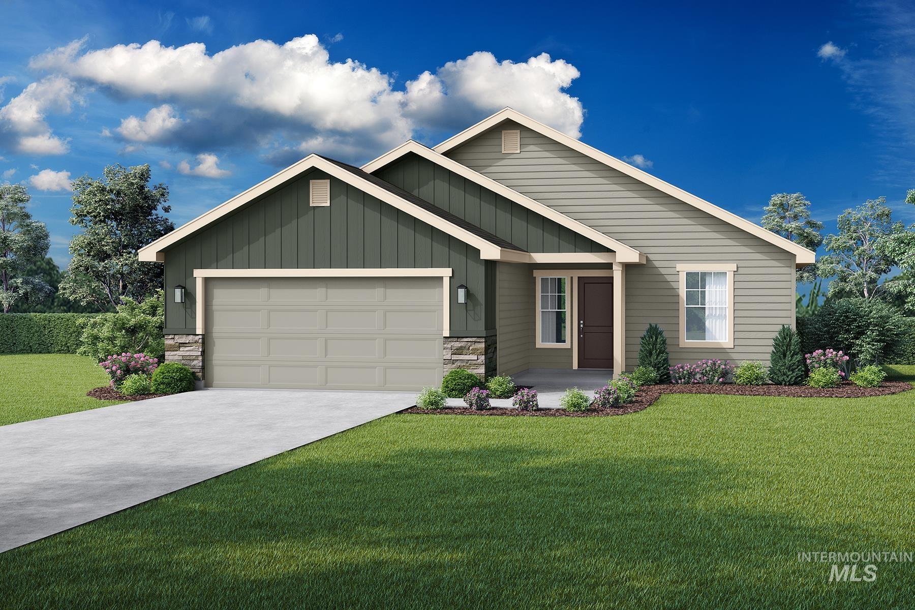 View of front of house with stone siding, concrete driveway, an attached garage, and a front lawn