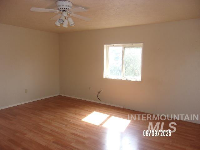 Empty room featuring light wood-style floors and a ceiling fan