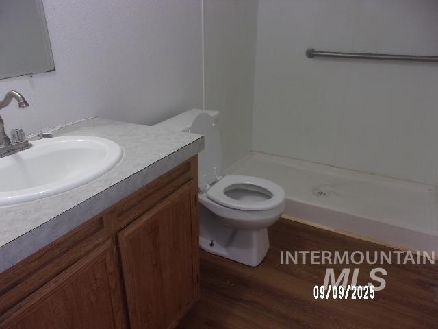 Bathroom featuring vanity, dark wood-style flooring, and a shower
