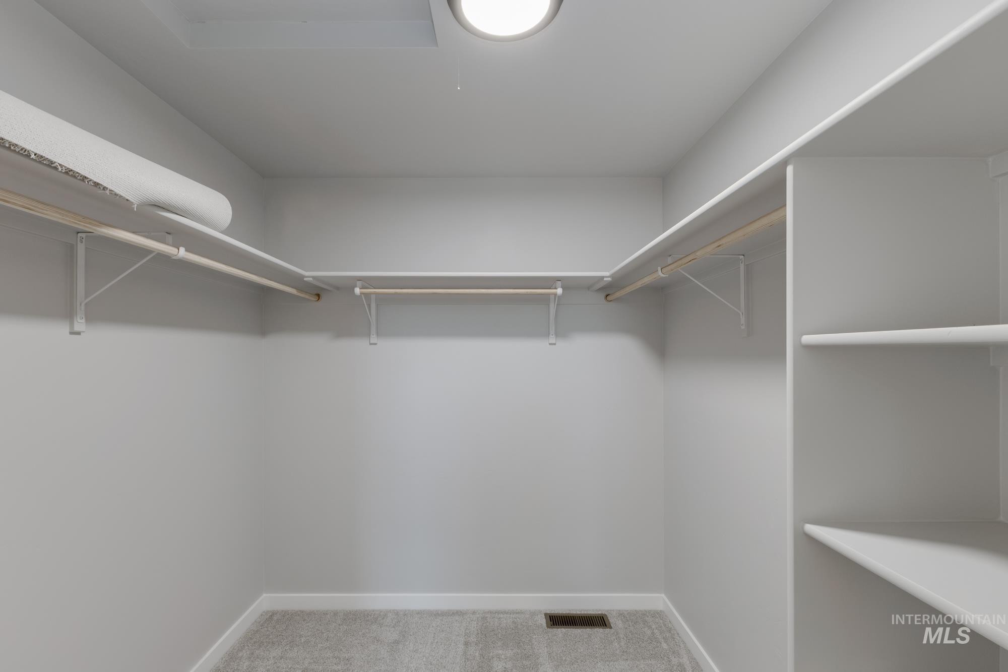 Spacious closet featuring light colored carpet