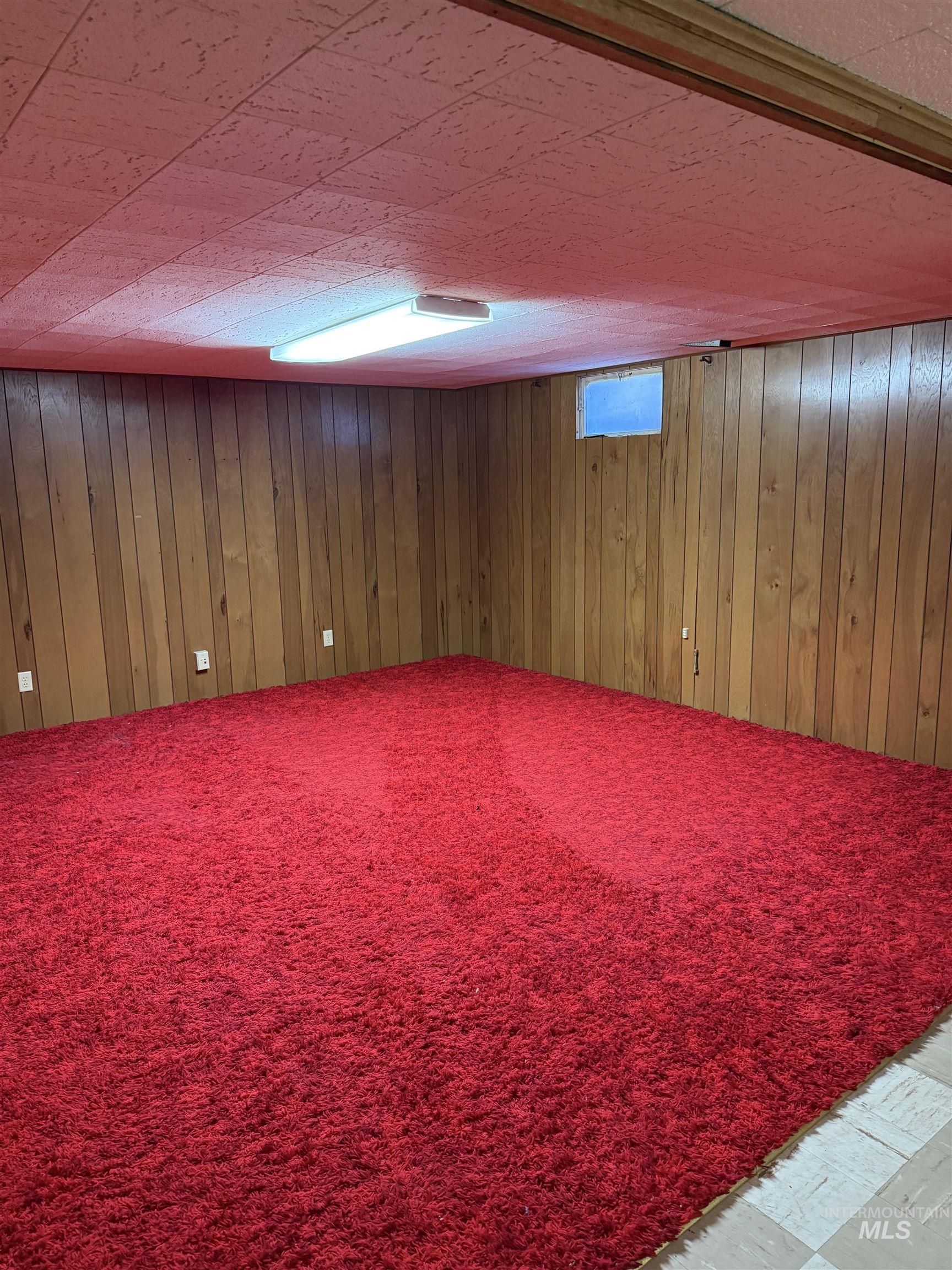 Below grade area with carpet flooring and wooden walls