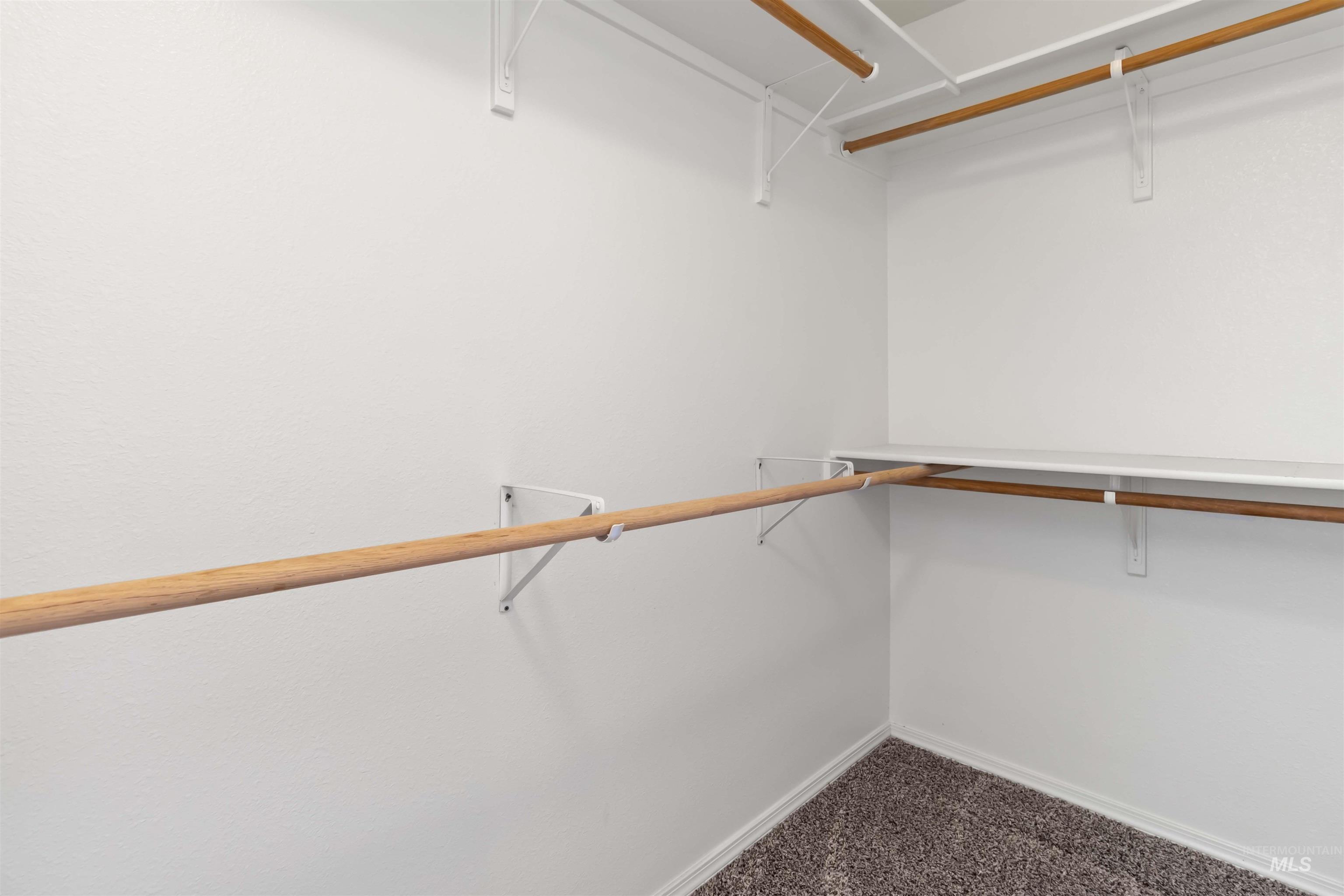Walk in closet with dark colored carpet