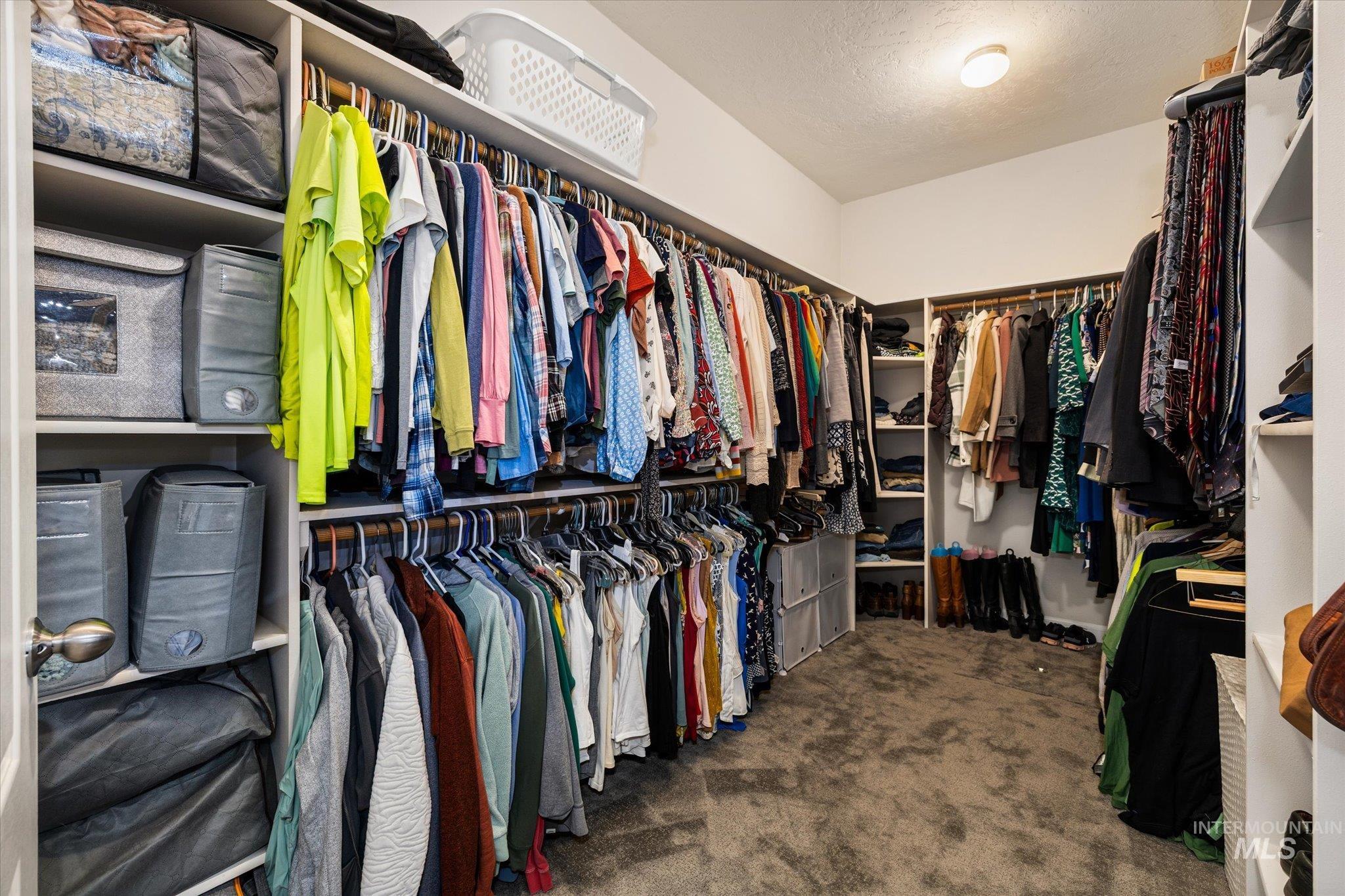 Walk in closet featuring dark colored carpet
