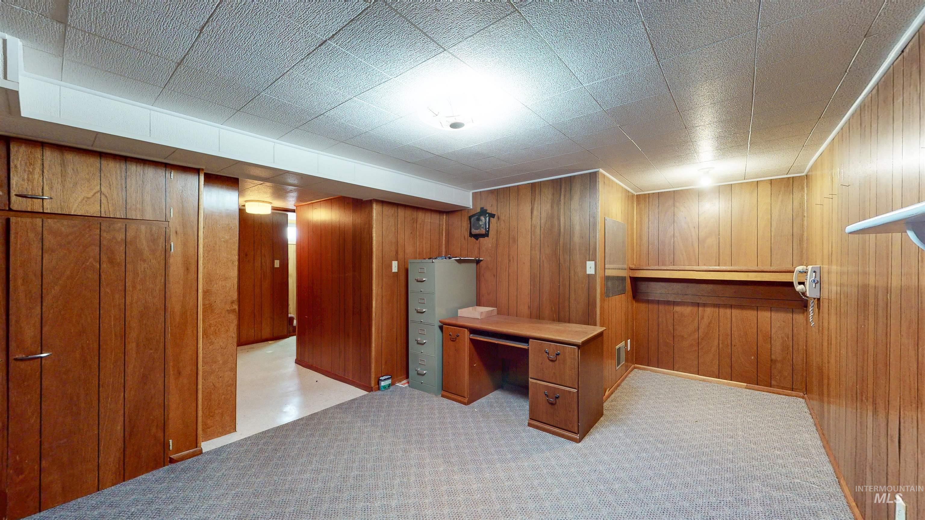 Unfurnished office with wood walls and light colored carpet