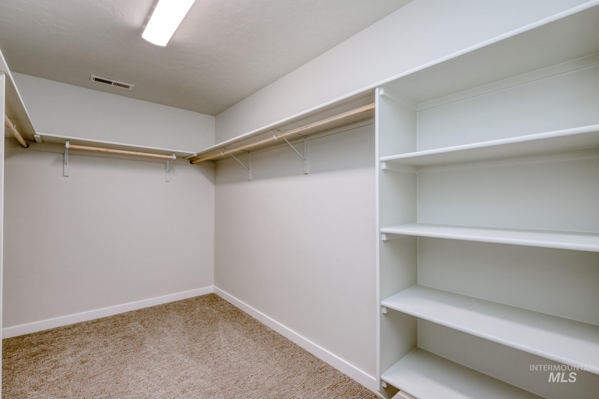 Walk in closet with light carpet