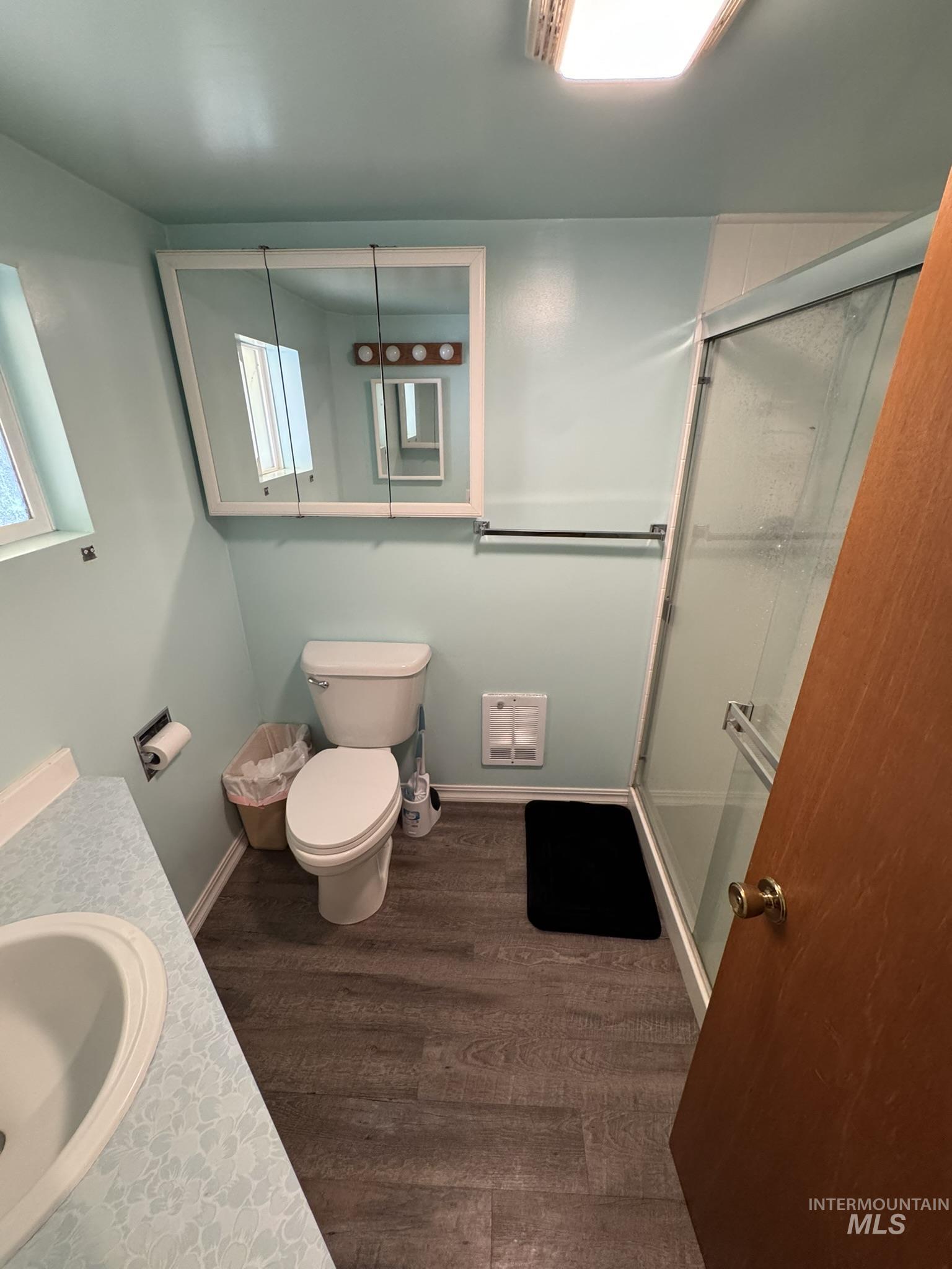 Bathroom featuring vanity, a stall shower, and dark wood-type flooring