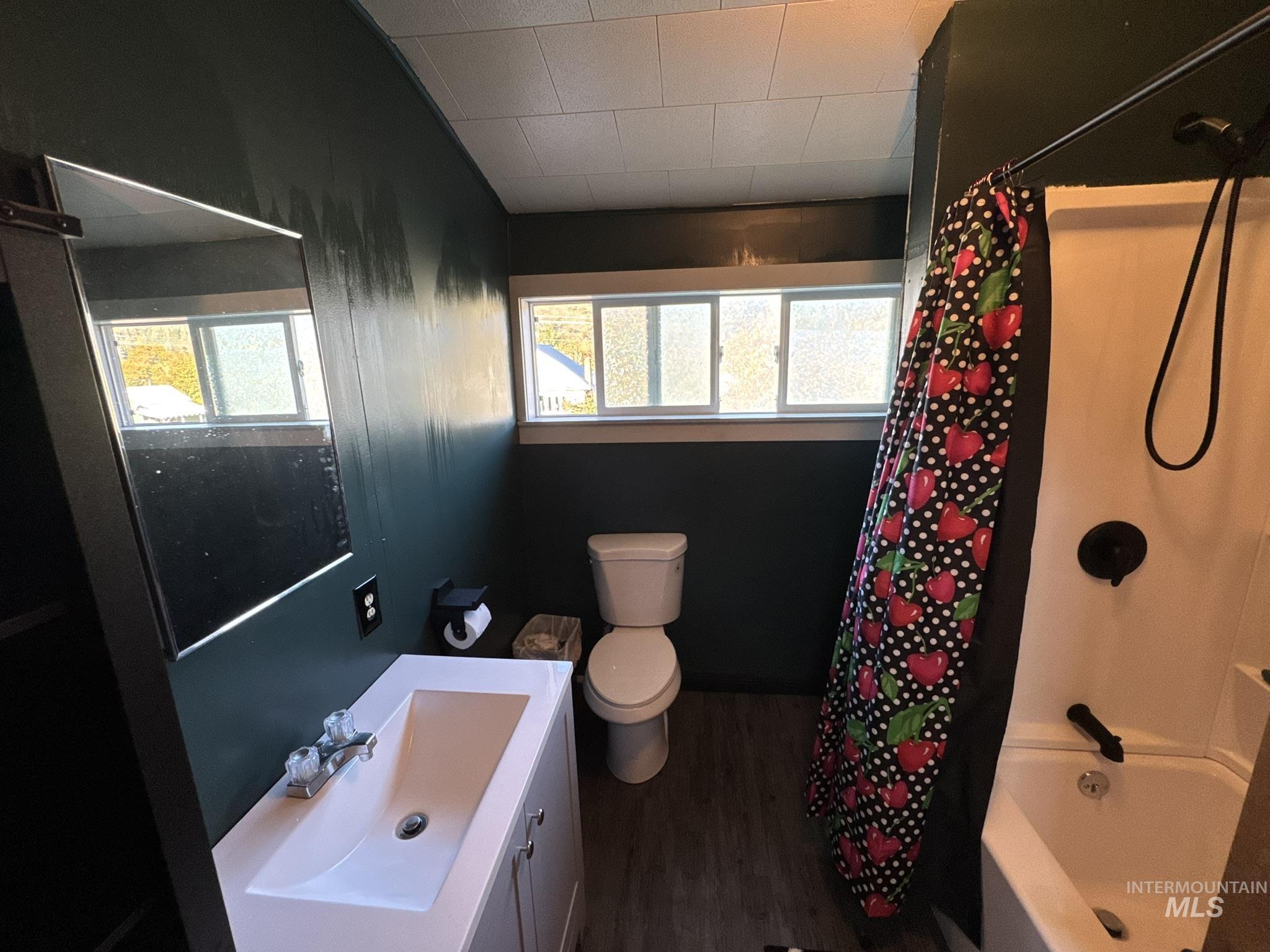 Full bathroom featuring dark wood-style floors, vanity, and shower / tub combo