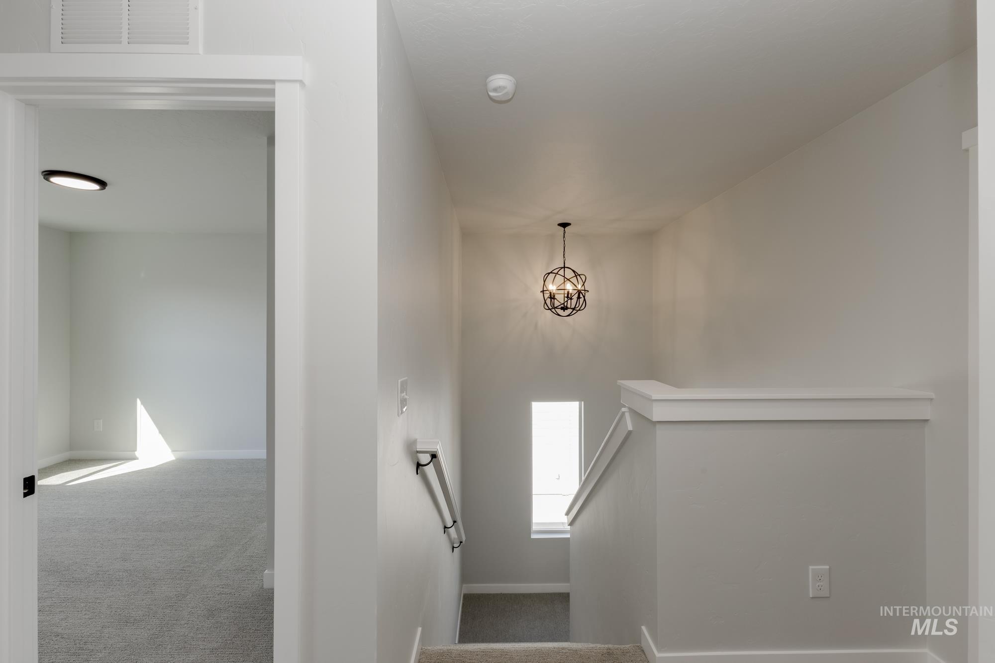 Stairs with carpet and a chandelier