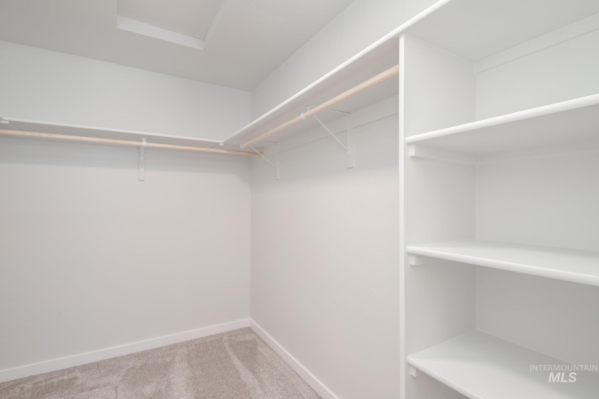 Walk in closet featuring light colored carpet and attic access