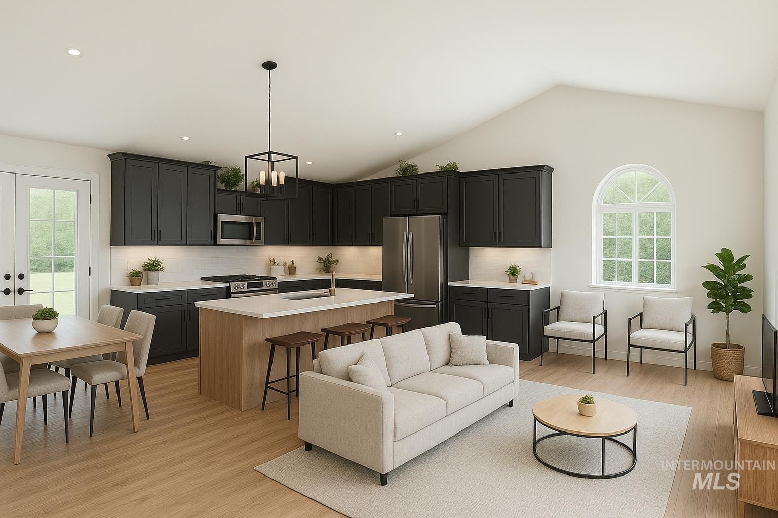 The kitchen can easily be opened up to the living room with removing one wall. This is a rendering of what it would look like if the wall was removed and the cabinets were reconfigured