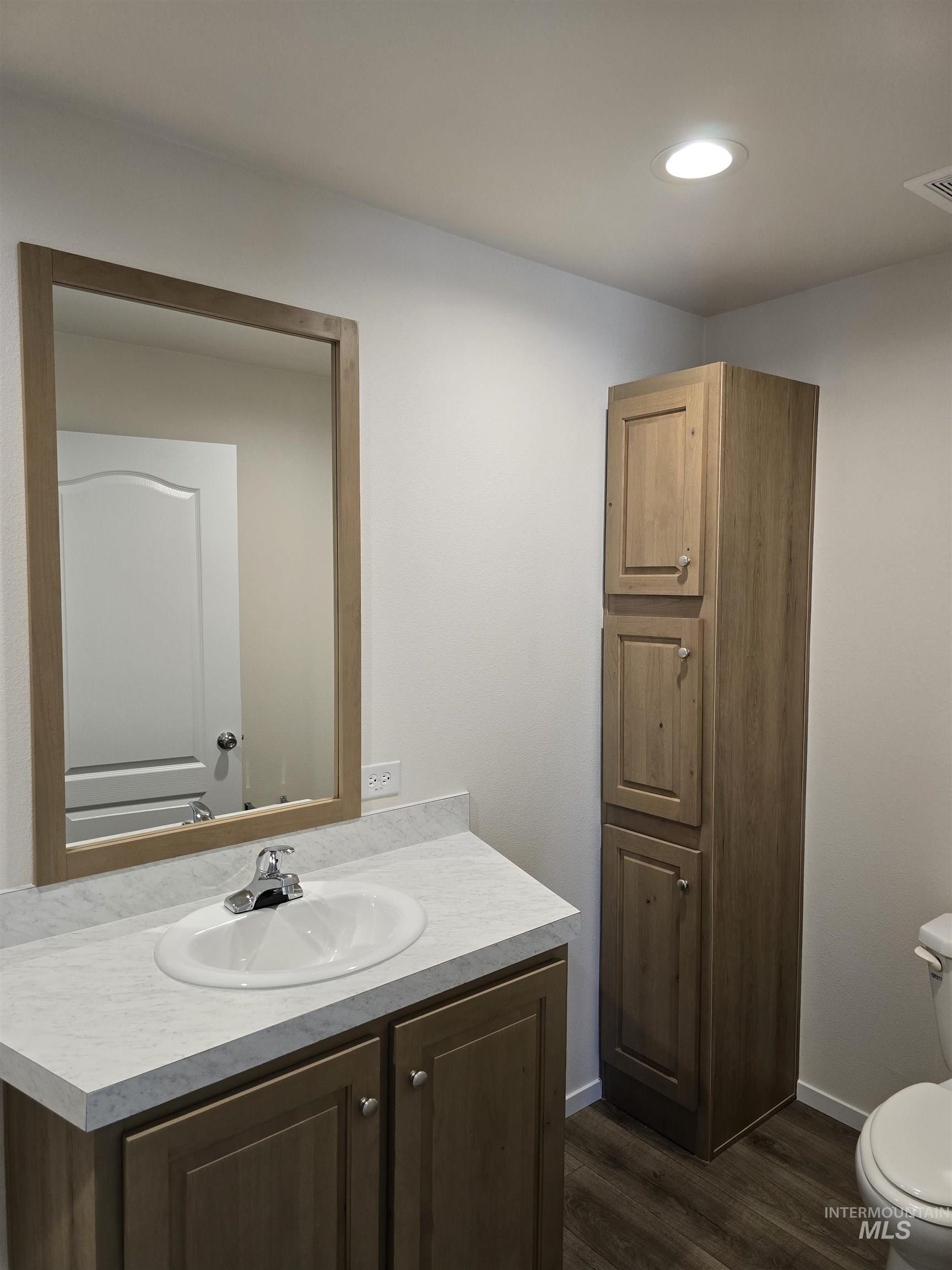 Half bathroom featuring vanity, dark wood-style flooring, and recessed lighting