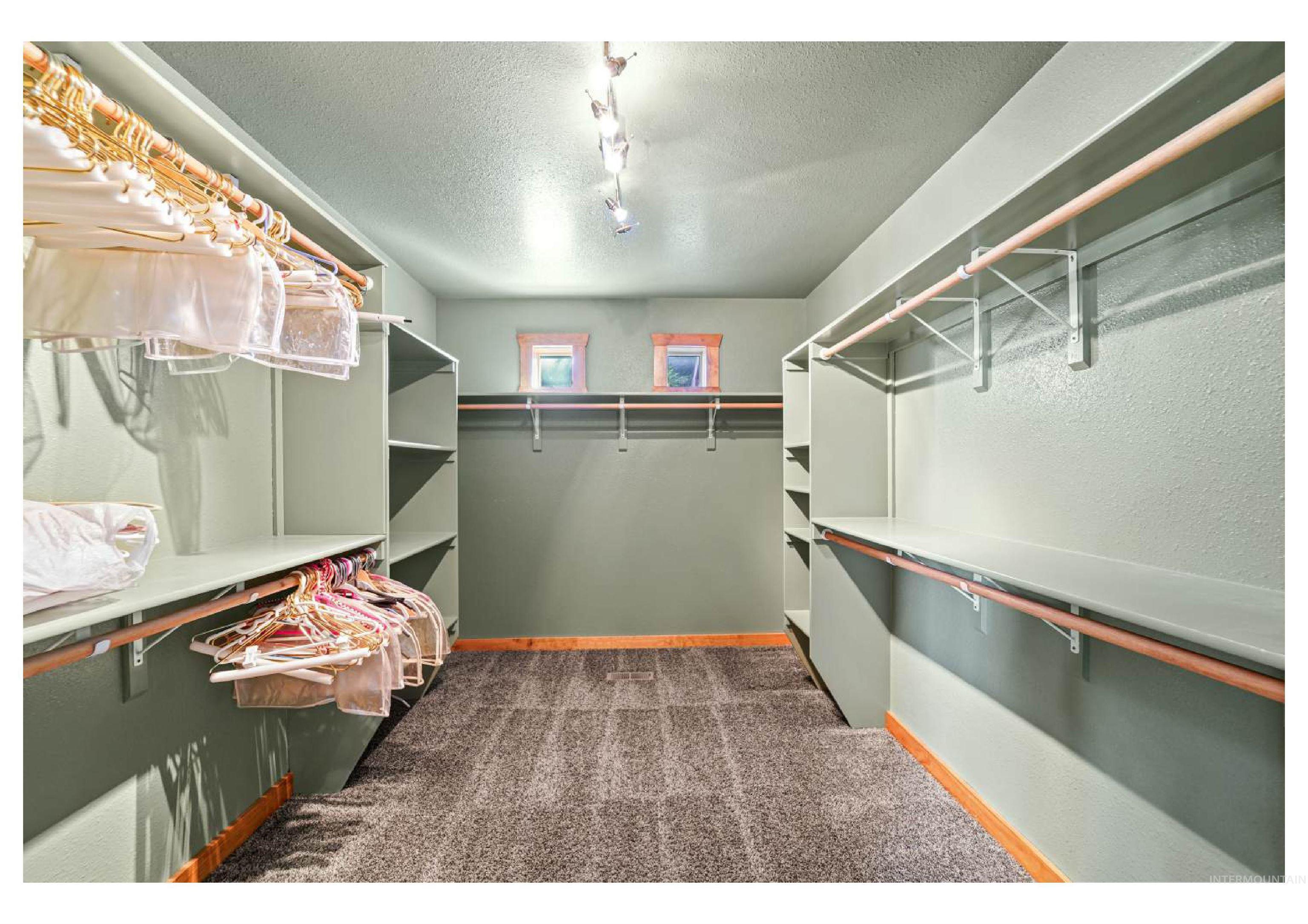 Spacious closet with dark colored carpet
