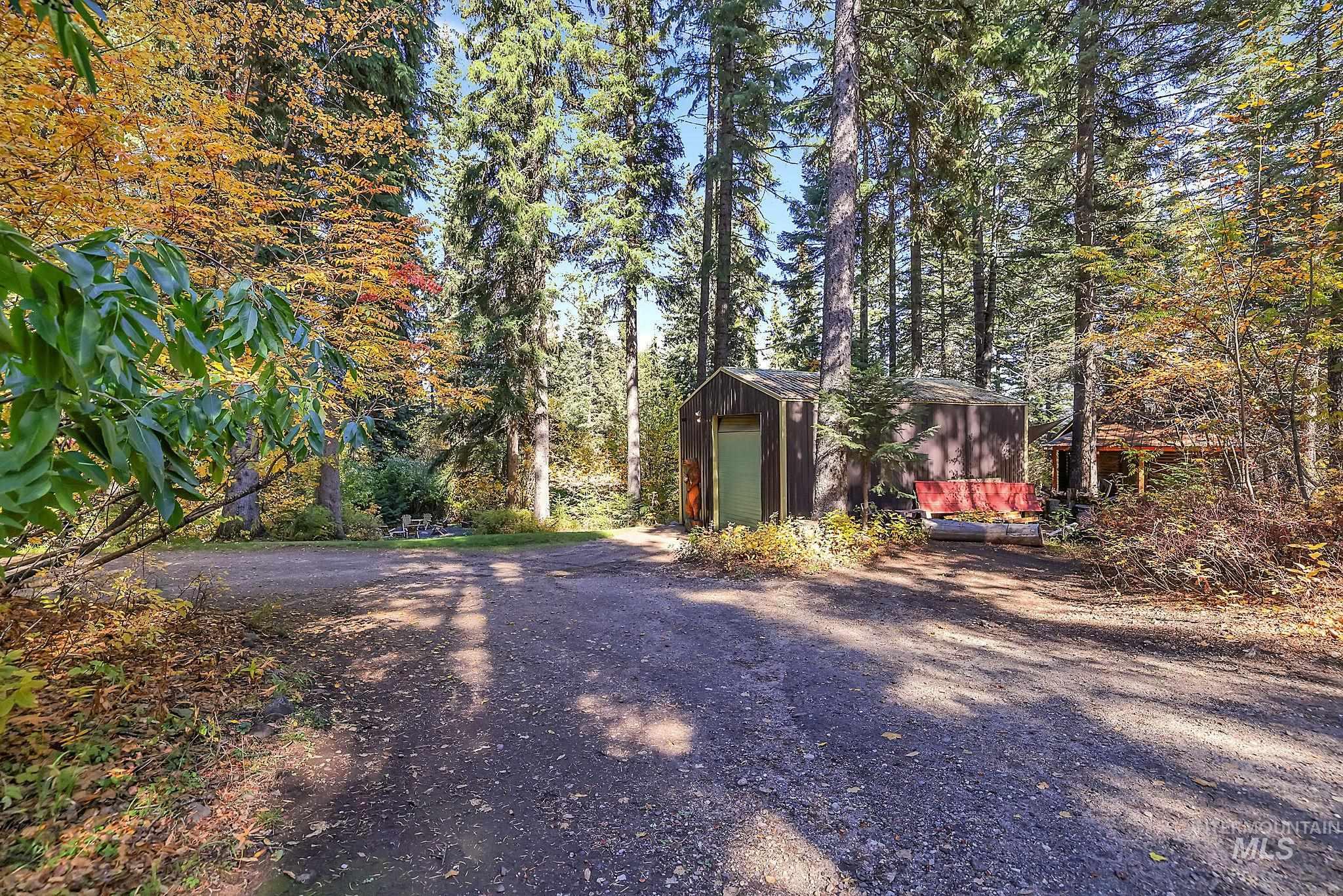 View of yard featuring an outbuilding and a wooded view
