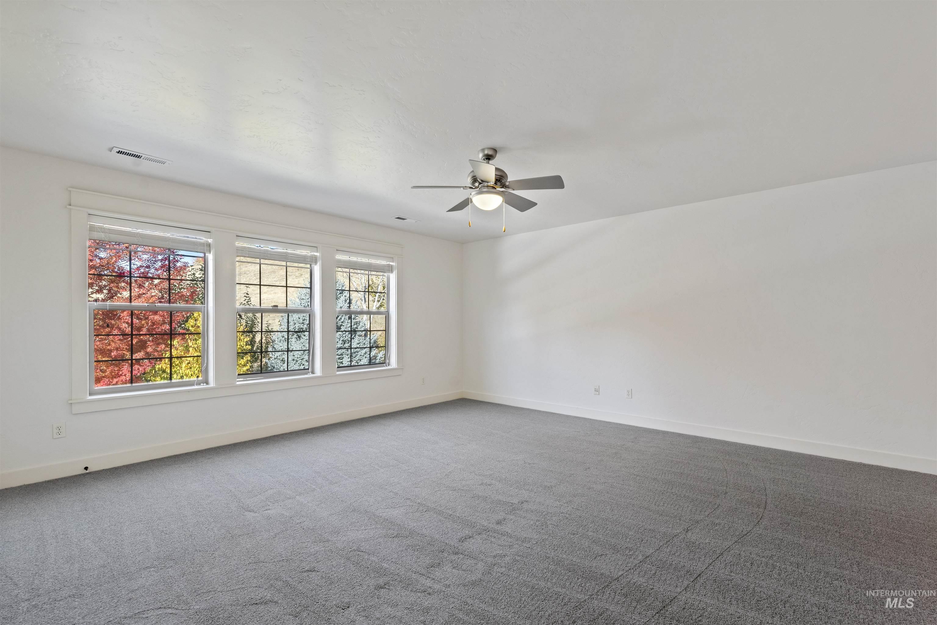 Large bonus room featuring new carpet and ceiling fan