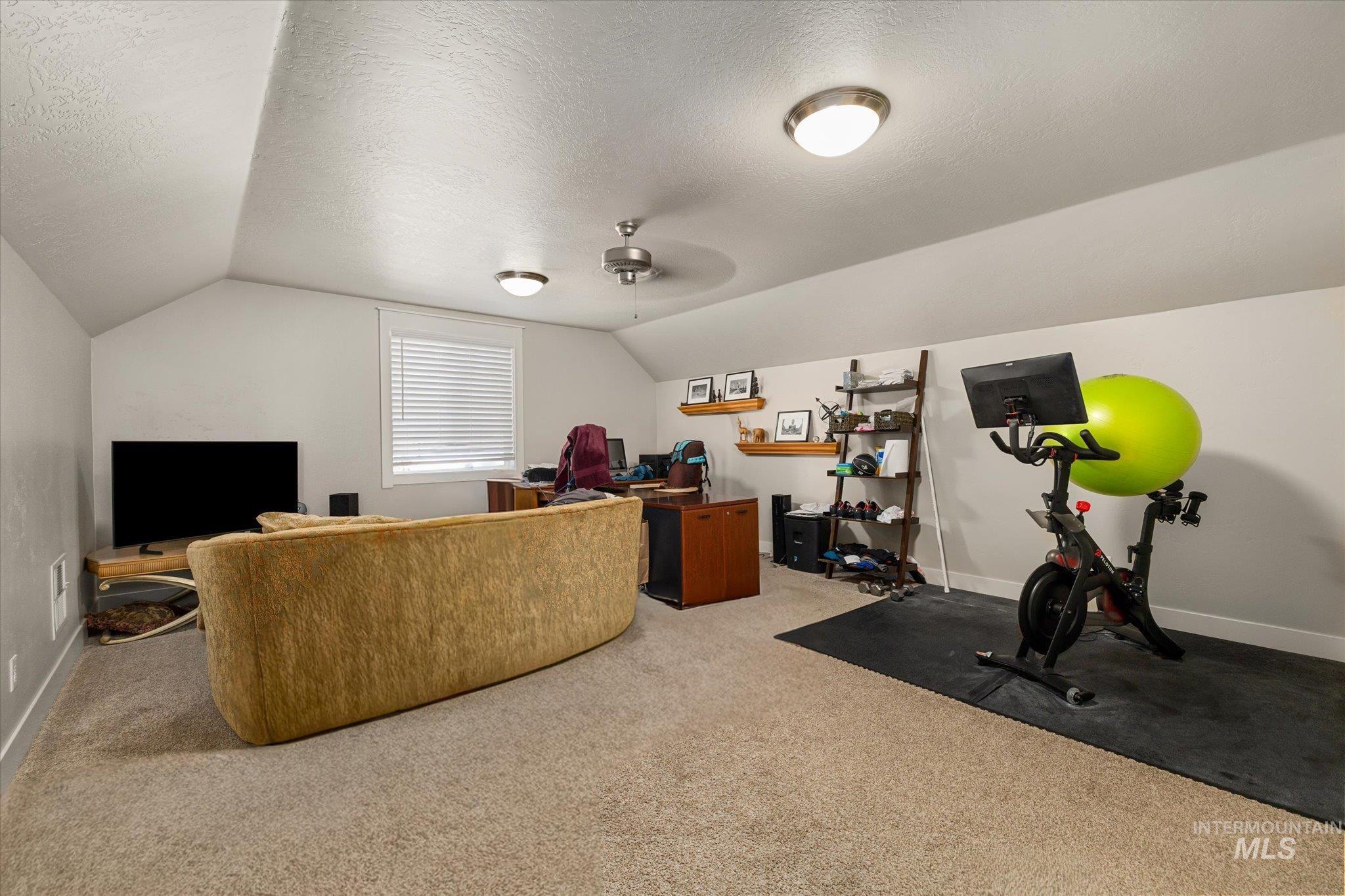 Office with a textured ceiling, light colored carpet, and vaulted ceiling