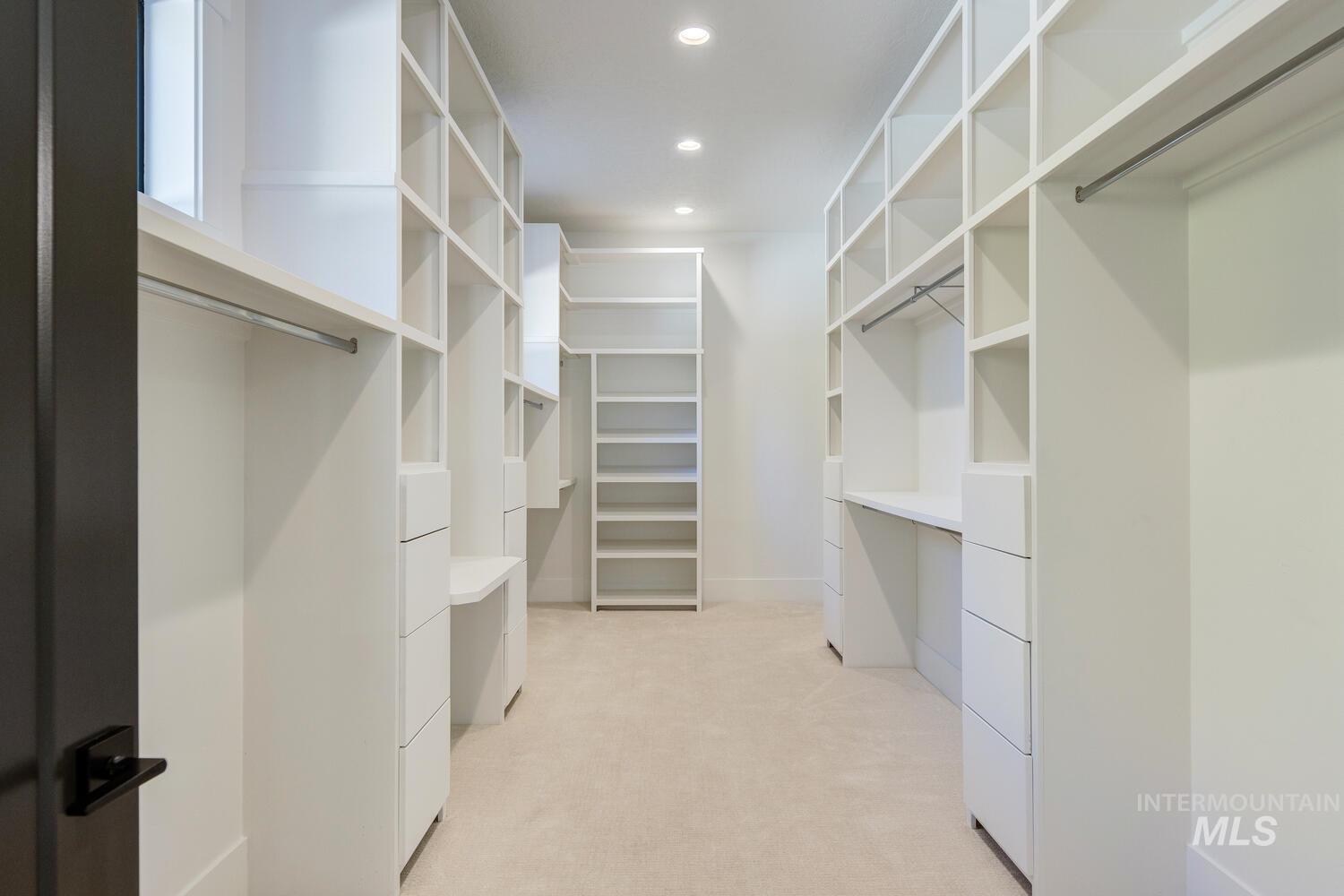 Walk in closet with light colored carpet