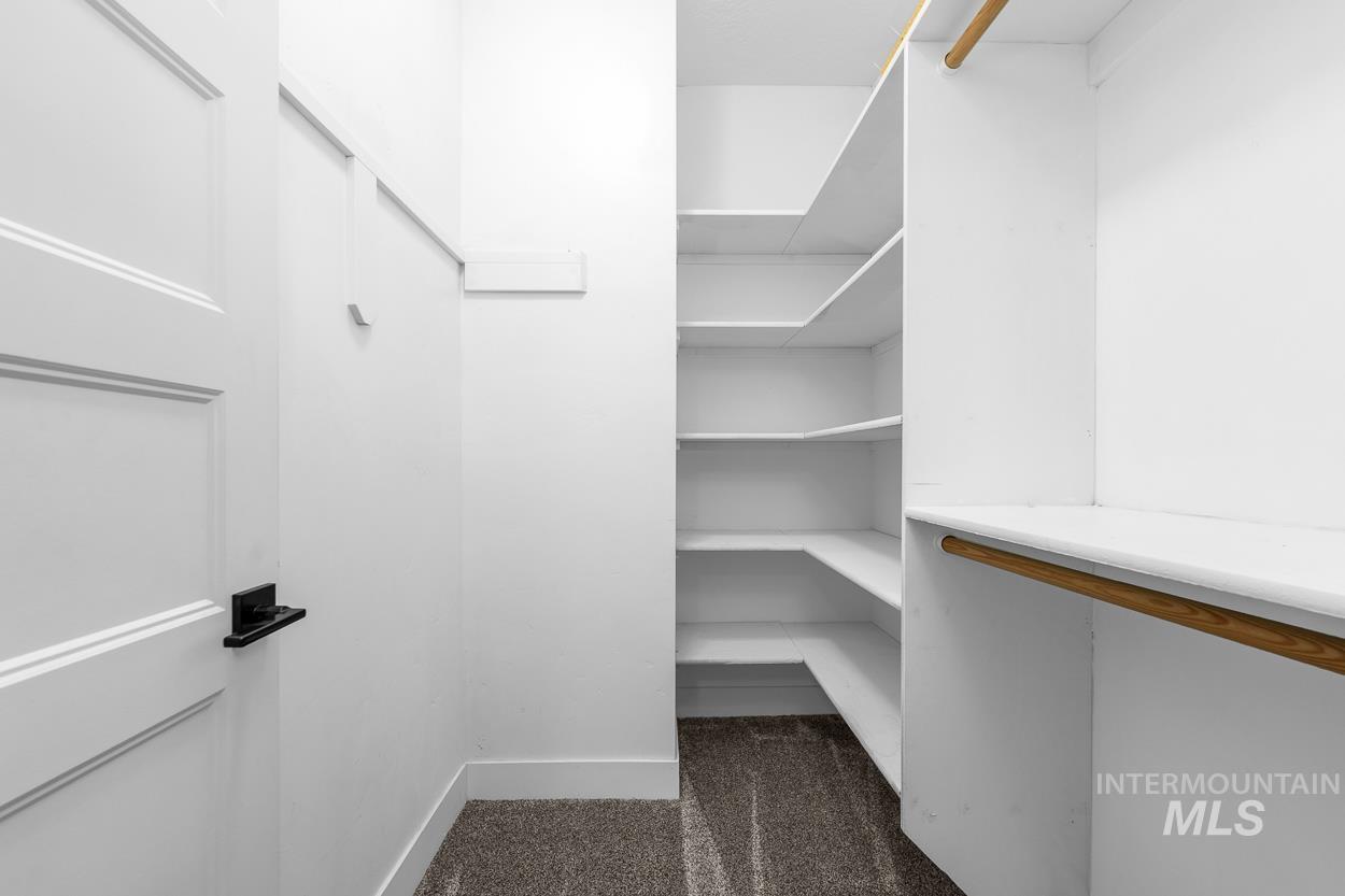 Spacious closet with dark carpet