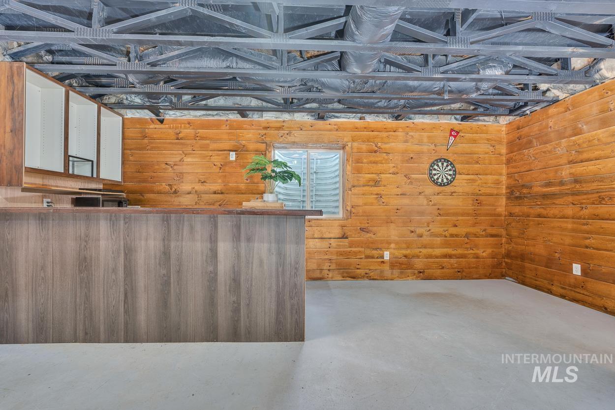 Welcome area with wood walls